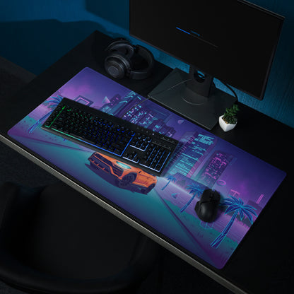 Lamborghini Urus Inspired Orange Blue Vaporwave Gaming Mouse Pad – Neon Cyberpunk City Desk Mat with Palm Trees and Retro Futuristic SUV Artwork