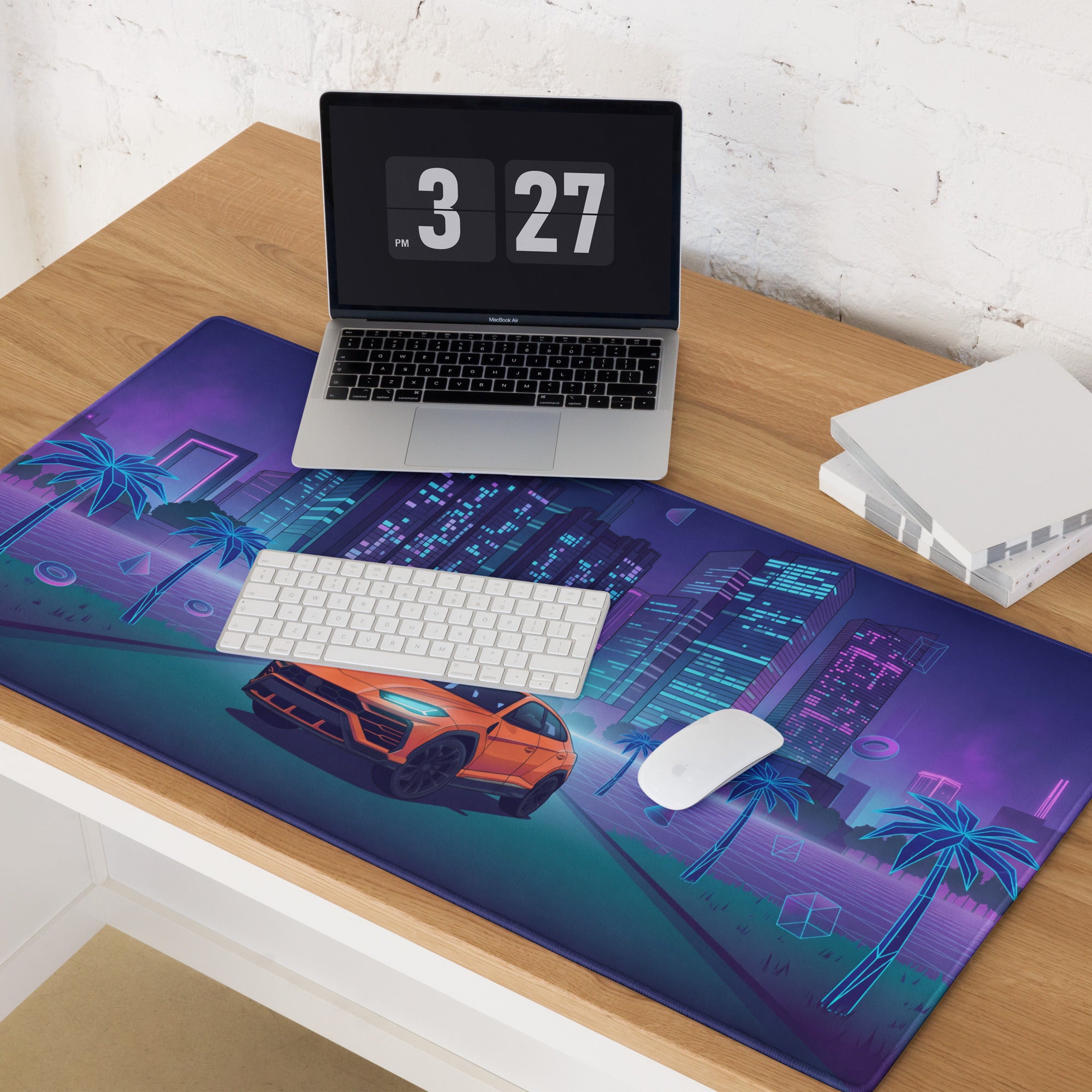 Lamborghini Urus Inspired Orange Blue Vaporwave Gaming Mouse Pad – Neon Cyberpunk City Desk Mat with Palm Trees and Retro Futuristic SUV Artwork