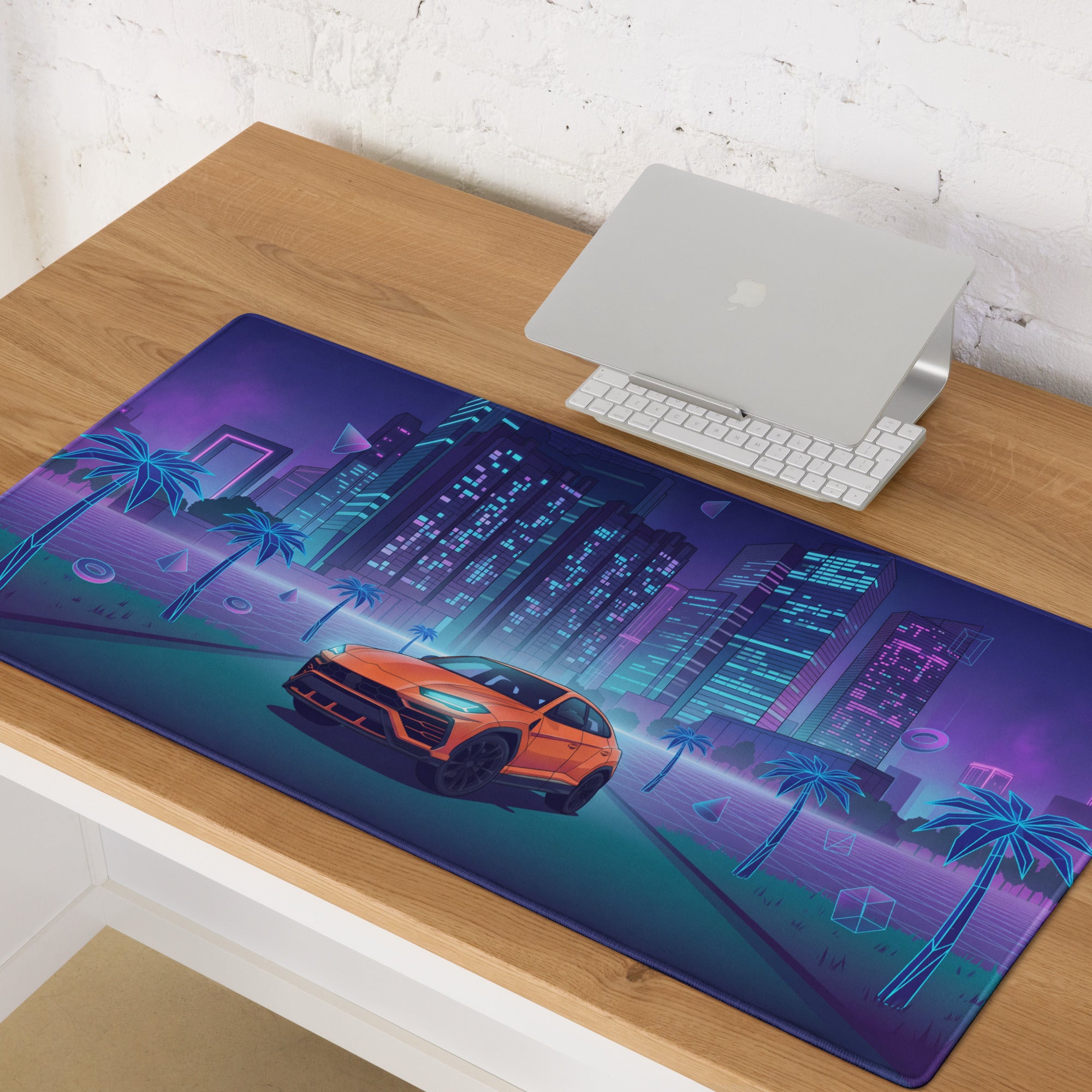 Lamborghini Urus Inspired Orange Blue Vaporwave Gaming Mouse Pad – Neon Cyberpunk City Desk Mat with Palm Trees and Retro Futuristic SUV Artwork