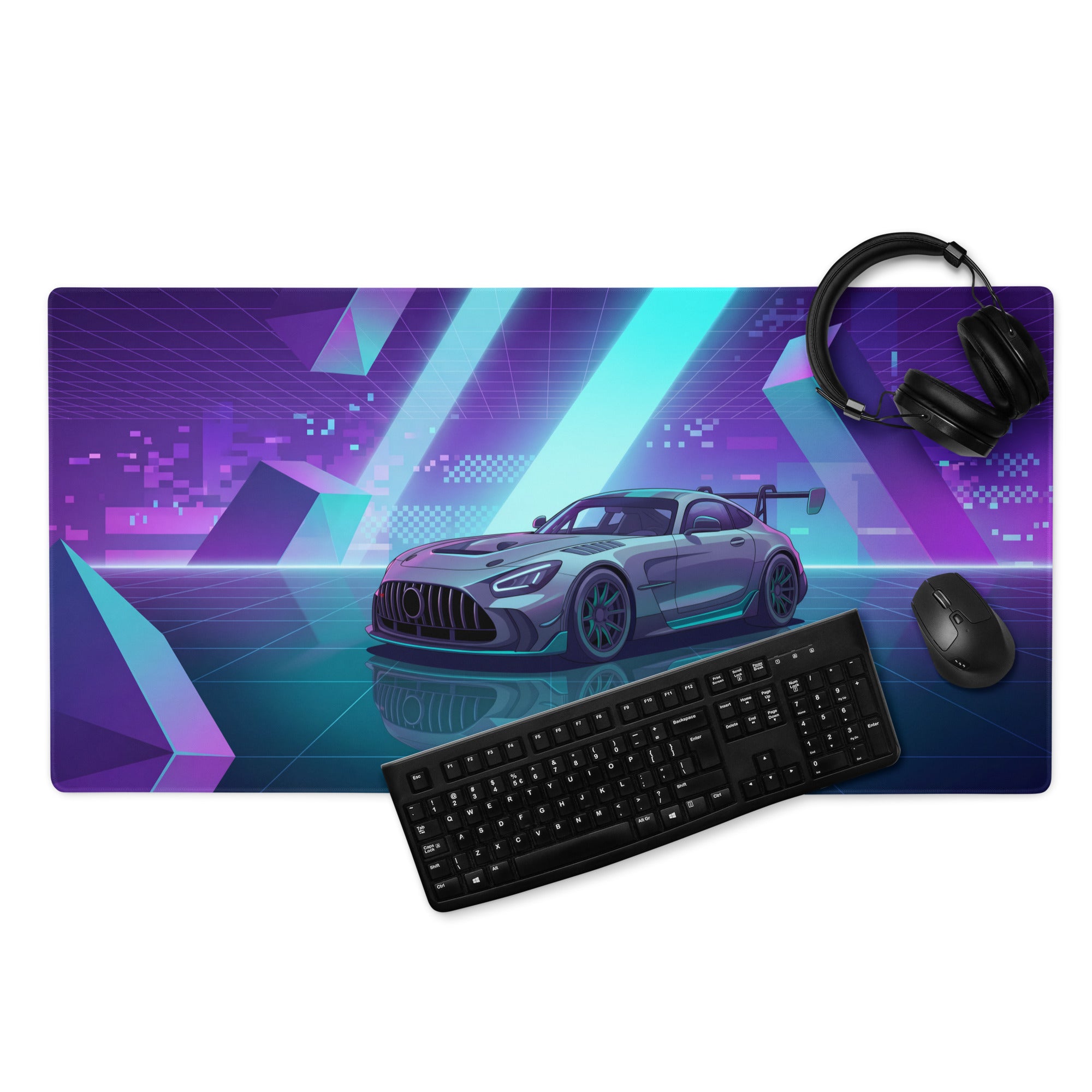 Mercedes-AMG GT Black Series Inspired Silver Cyan Vaporwave Gaming Mouse Pad – Neon Geometric Grid Desk Mat with Retro Futuristic Supercar Artwork