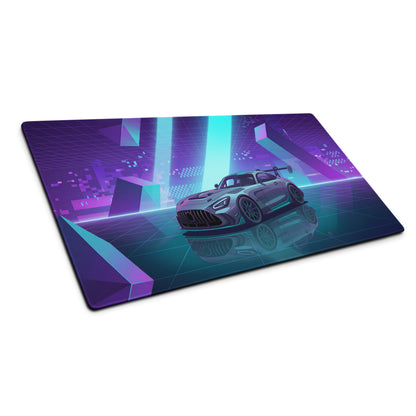 Mercedes-AMG GT Black Series Inspired Silver Cyan Vaporwave Gaming Mouse Pad – Neon Geometric Grid Desk Mat with Retro Futuristic Supercar Artwork