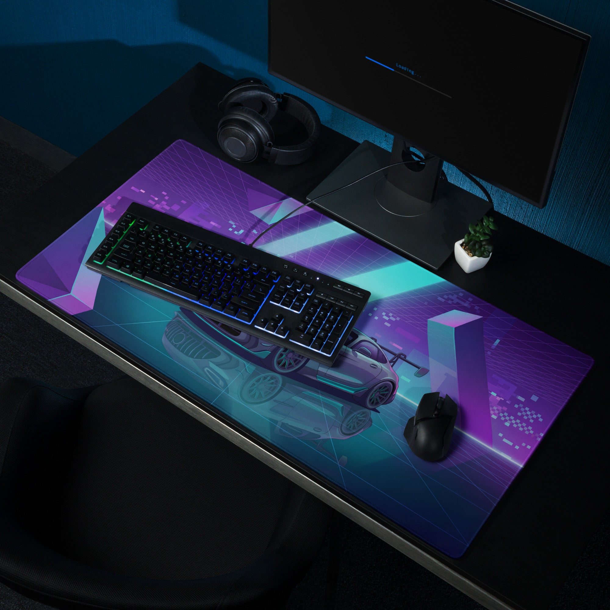Mercedes-AMG GT Black Series Inspired Silver Cyan Vaporwave Gaming Mouse Pad – Neon Geometric Grid Desk Mat with Retro Futuristic Supercar Artwork