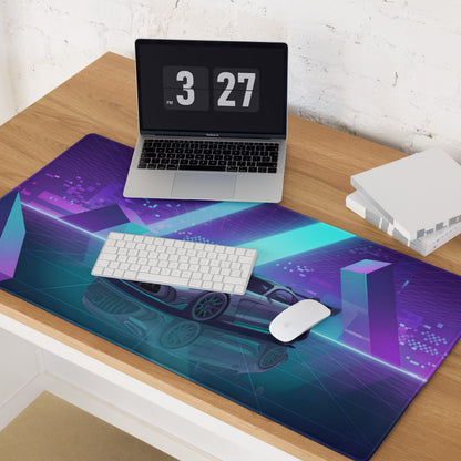 Mercedes-AMG GT Black Series Inspired Silver Cyan Vaporwave Gaming Mouse Pad – Neon Geometric Grid Desk Mat with Retro Futuristic Supercar Artwork