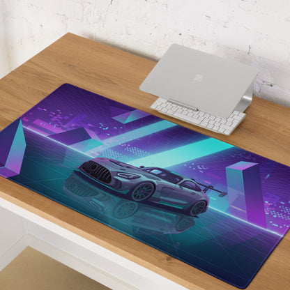 Mercedes-AMG GT Black Series Inspired Silver Cyan Vaporwave Gaming Mouse Pad – Neon Geometric Grid Desk Mat with Retro Futuristic Supercar Artwork