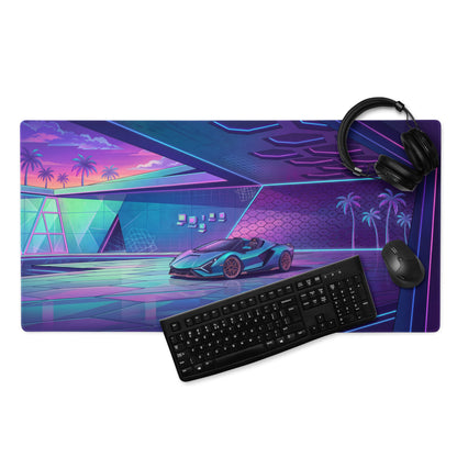 Lamborghini Sián Roadster Inspired Teal Purple Vaporwave Gaming Mouse Pad – Neon Luxury Garage Desk Mat with Retro Futuristic Supercar Artwork