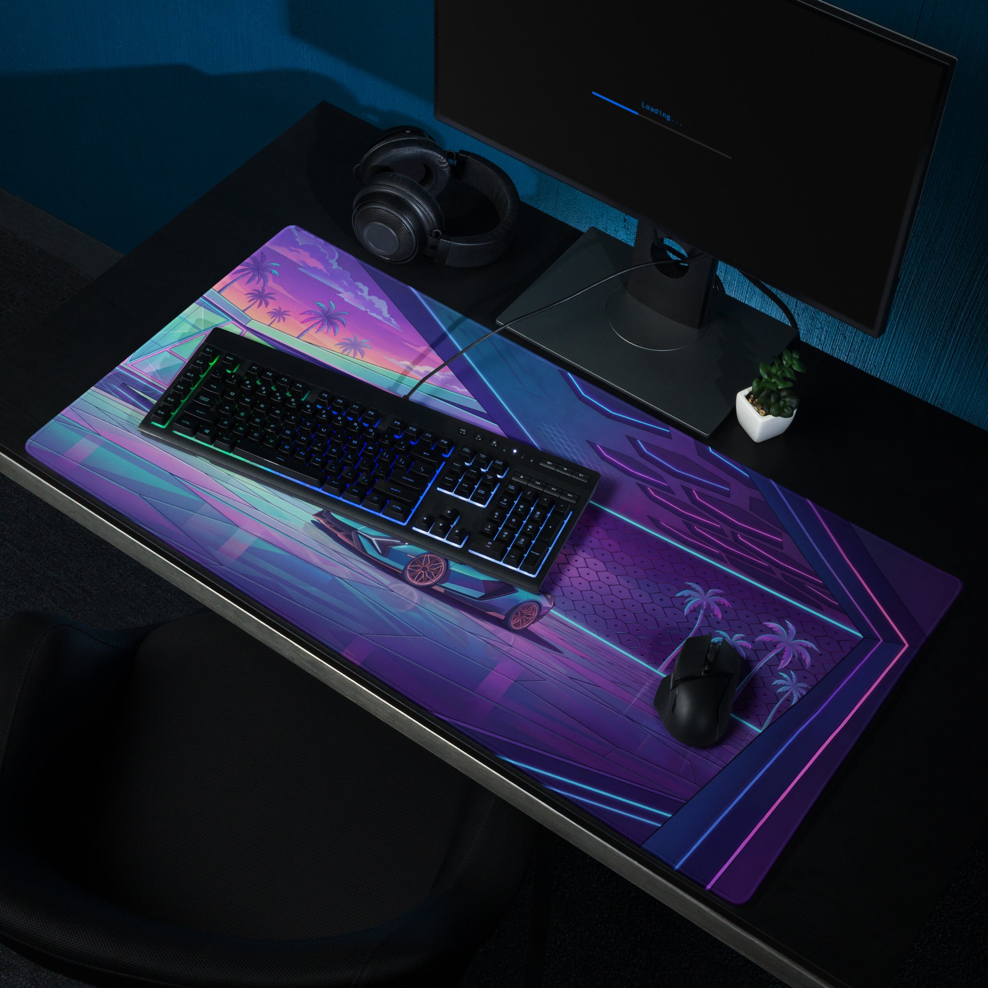 Lamborghini Sián Roadster Inspired Teal Purple Vaporwave Gaming Mouse Pad – Neon Luxury Garage Desk Mat with Retro Futuristic Supercar Artwork
