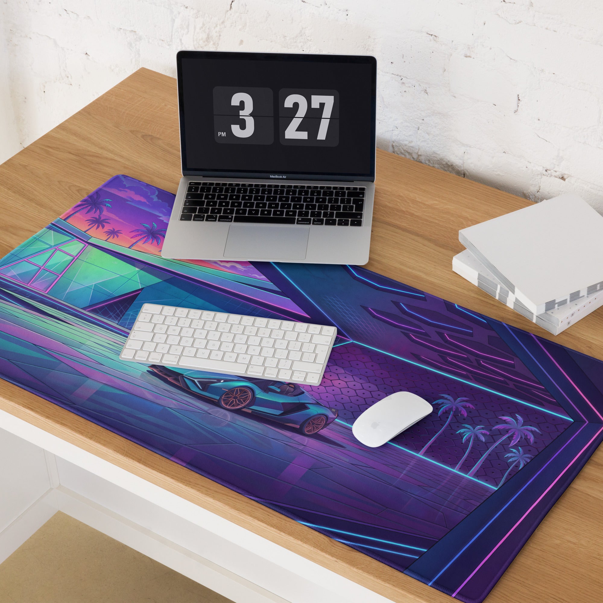 Lamborghini Sián Roadster Inspired Teal Purple Vaporwave Gaming Mouse Pad – Neon Luxury Garage Desk Mat with Retro Futuristic Supercar Artwork