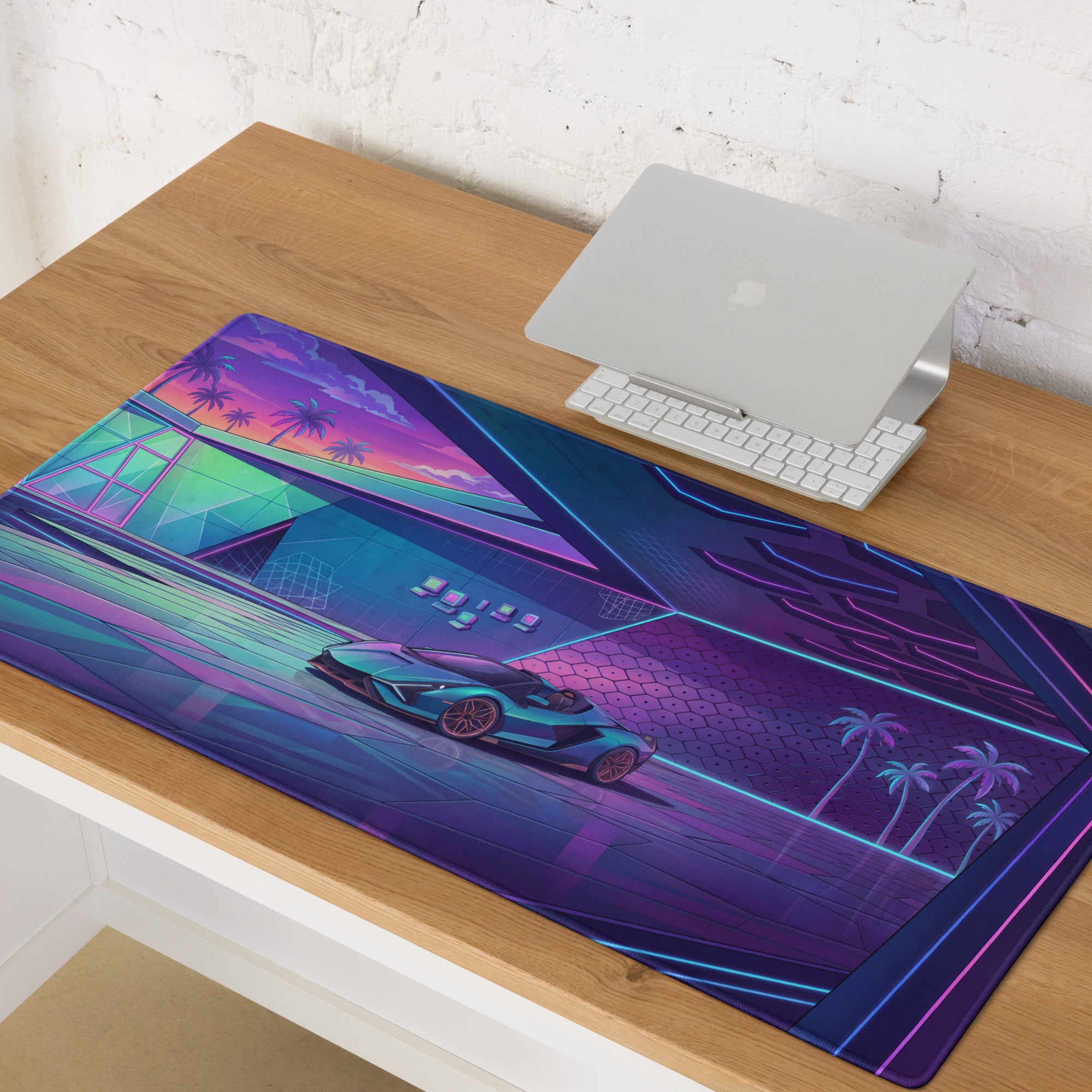 Lamborghini Sián Roadster Inspired Teal Purple Vaporwave Gaming Mouse Pad – Neon Luxury Garage Desk Mat with Retro Futuristic Supercar Artwork