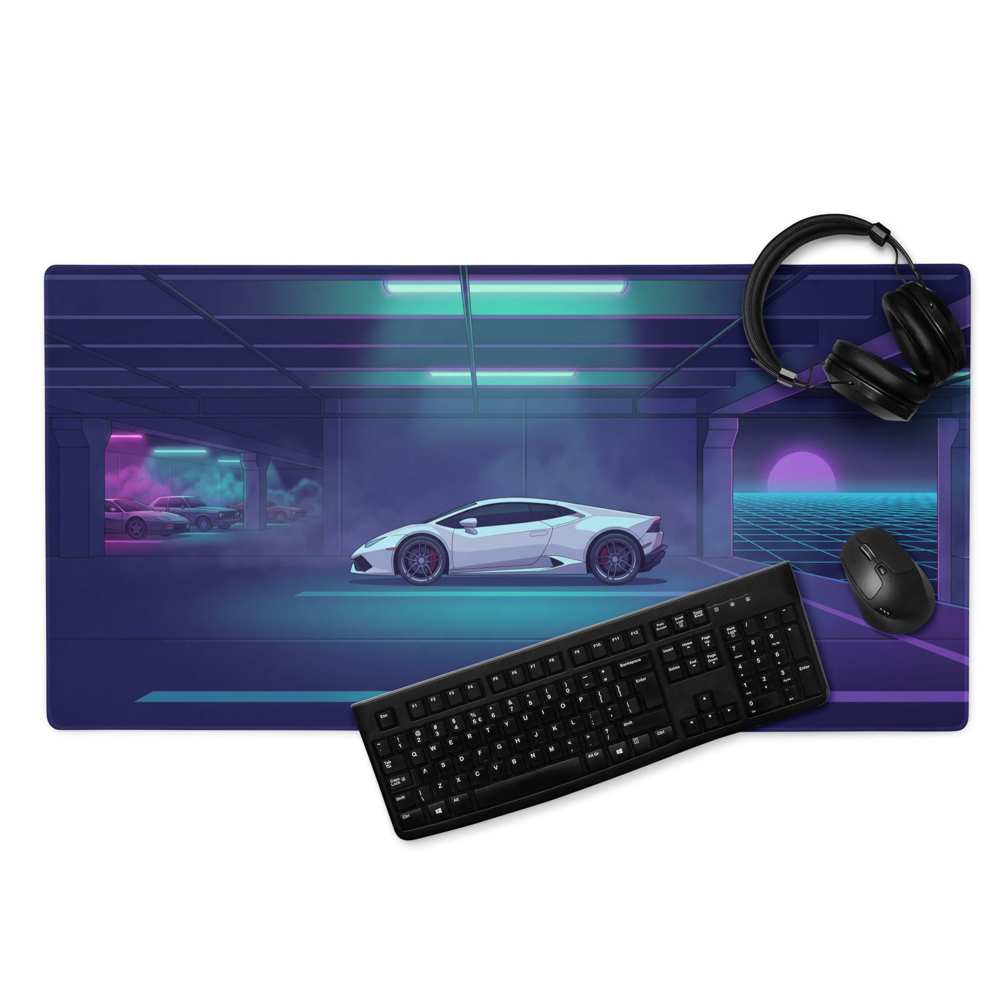 Lamborghini Huracán EVO Inspired White Cyan Vaporwave Gaming Mouse Pad – Neon Retro Garage Desk Mat with Purple Sunset and Futuristic Supercar Artwork