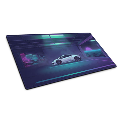 Lamborghini Huracán EVO Inspired White Cyan Vaporwave Gaming Mouse Pad – Neon Retro Garage Desk Mat with Purple Sunset and Futuristic Supercar Artwork