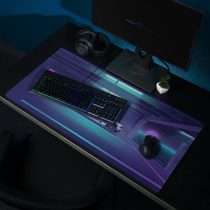 Lamborghini Huracán EVO Inspired White Cyan Vaporwave Gaming Mouse Pad – Neon Retro Garage Desk Mat with Purple Sunset and Futuristic Supercar Artwork