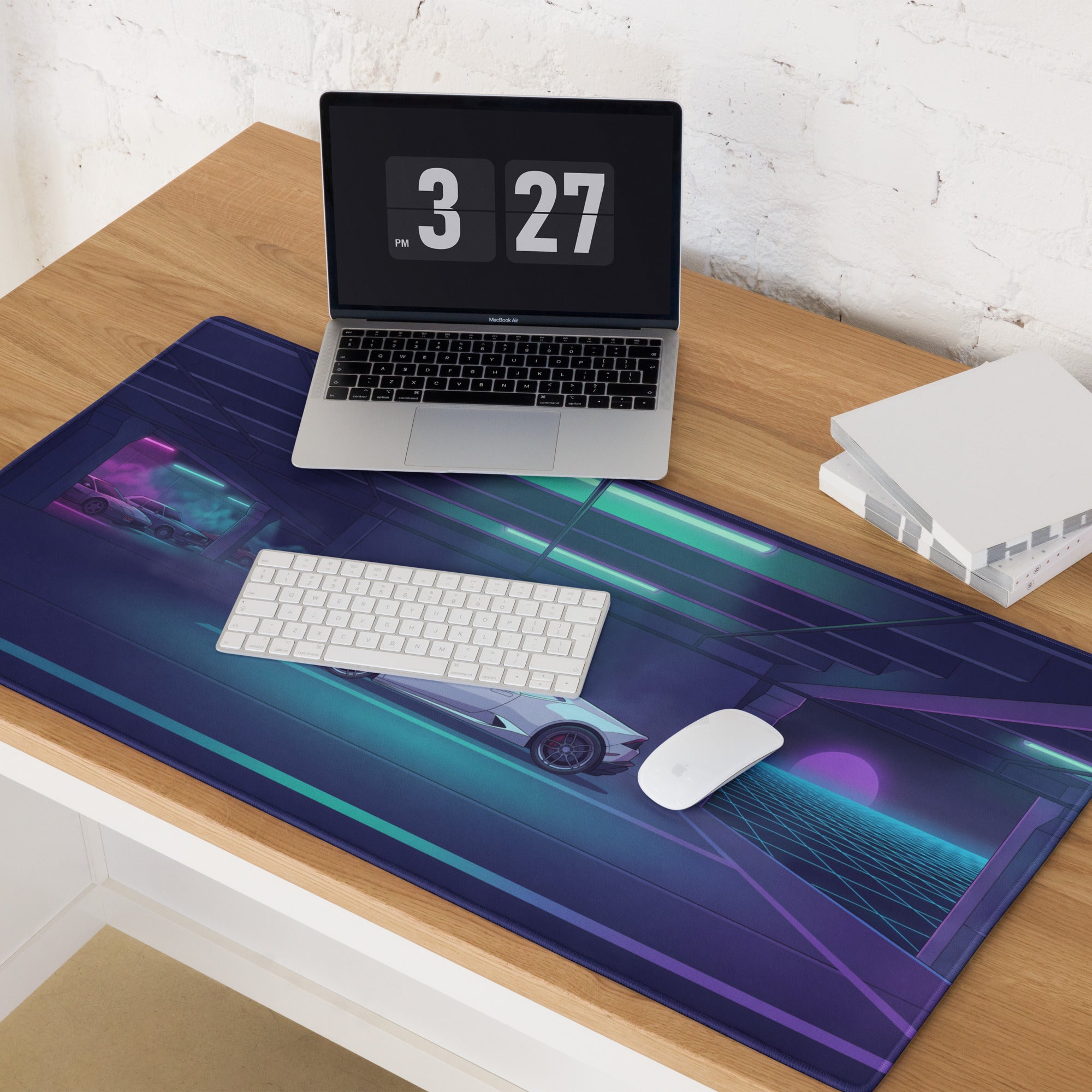 Lamborghini Huracán EVO Inspired White Cyan Vaporwave Gaming Mouse Pad – Neon Retro Garage Desk Mat with Purple Sunset and Futuristic Supercar Artwork