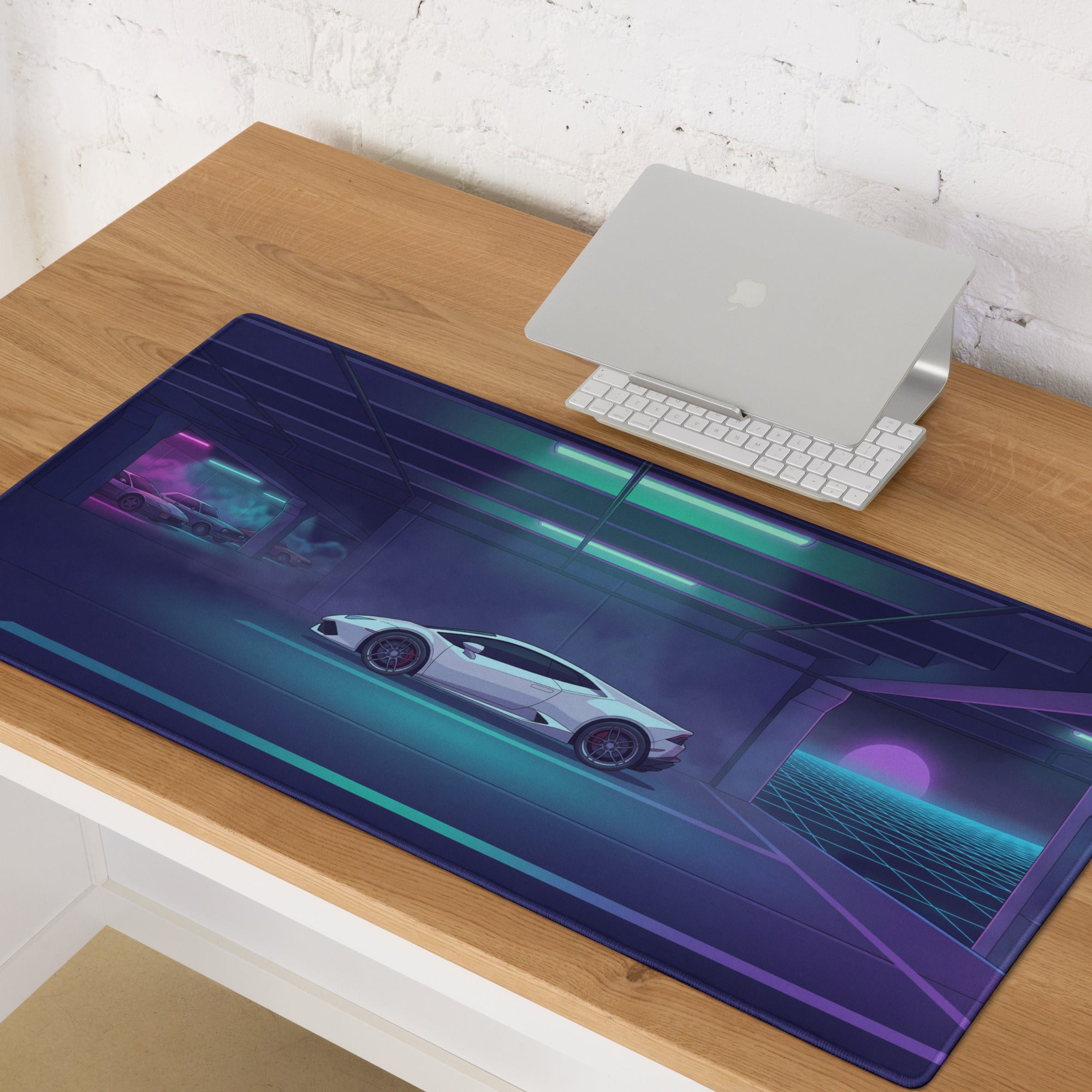 Lamborghini Huracán EVO Inspired White Cyan Vaporwave Gaming Mouse Pad – Neon Retro Garage Desk Mat with Purple Sunset and Futuristic Supercar Artwork