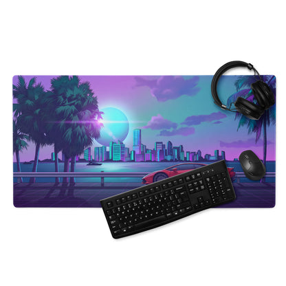 Lamborghini Huracán EVO Inspired Red Purple Vaporwave Gaming Mouse Pad – Neon Miami Skyline Desk Mat with Palm Trees and Retro Futuristic Artwork