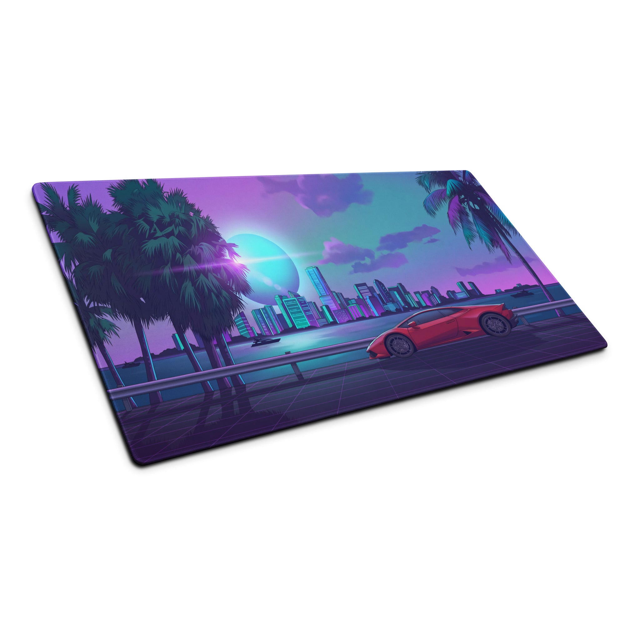 Lamborghini Huracán EVO Inspired Red Purple Vaporwave Gaming Mouse Pad – Neon Miami Skyline Desk Mat with Palm Trees and Retro Futuristic Artwork