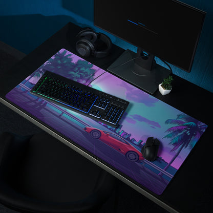 Lamborghini Huracán EVO Inspired Red Purple Vaporwave Gaming Mouse Pad – Neon Miami Skyline Desk Mat with Palm Trees and Retro Futuristic Artwork