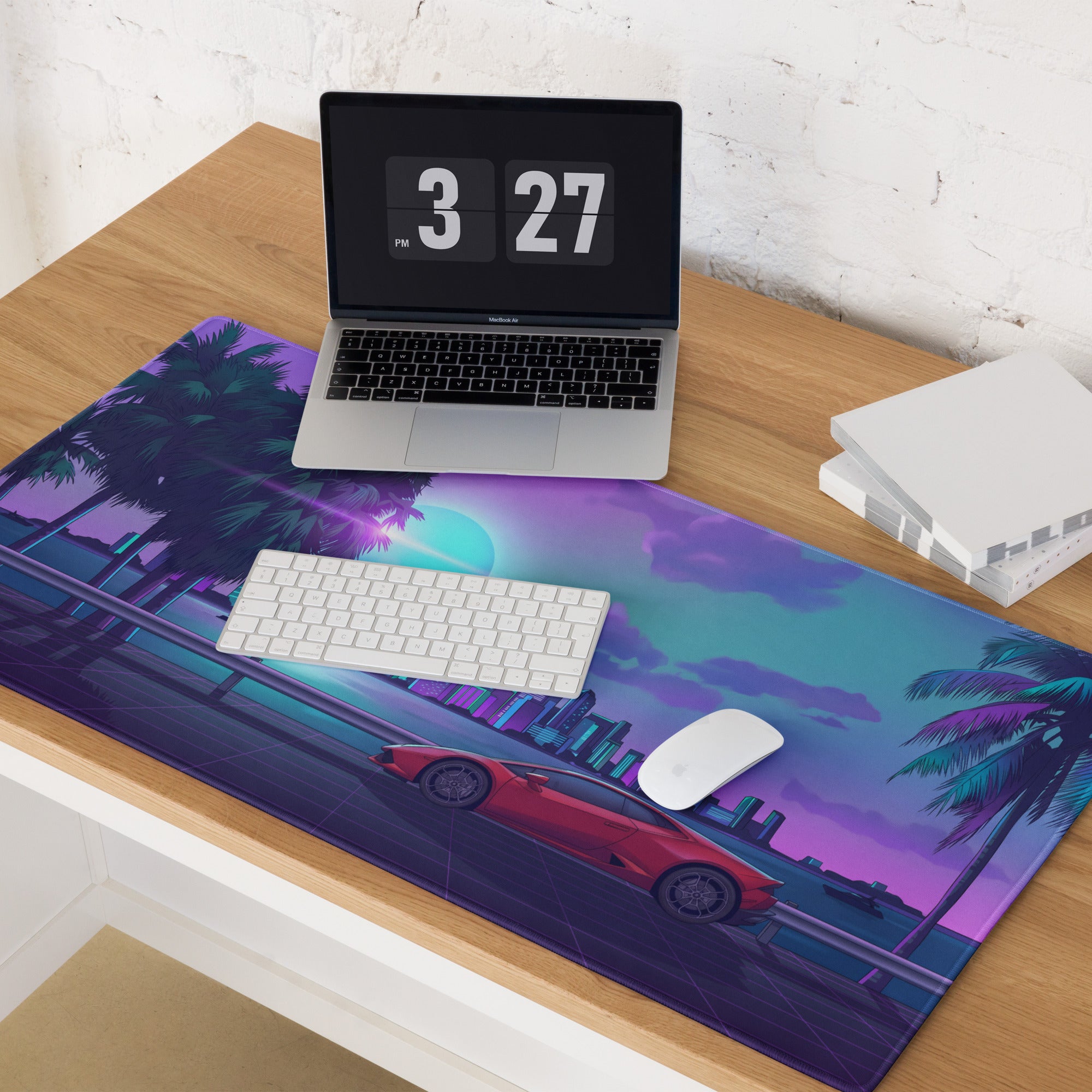 Lamborghini Huracán EVO Inspired Red Purple Vaporwave Gaming Mouse Pad – Neon Miami Skyline Desk Mat with Palm Trees and Retro Futuristic Artwork