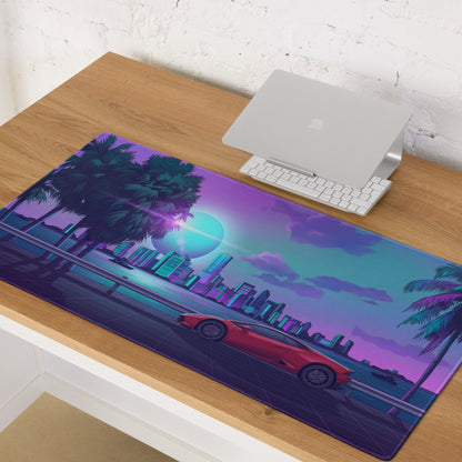 Lamborghini Huracán EVO Inspired Red Purple Vaporwave Gaming Mouse Pad – Neon Miami Skyline Desk Mat with Palm Trees and Retro Futuristic Artwork