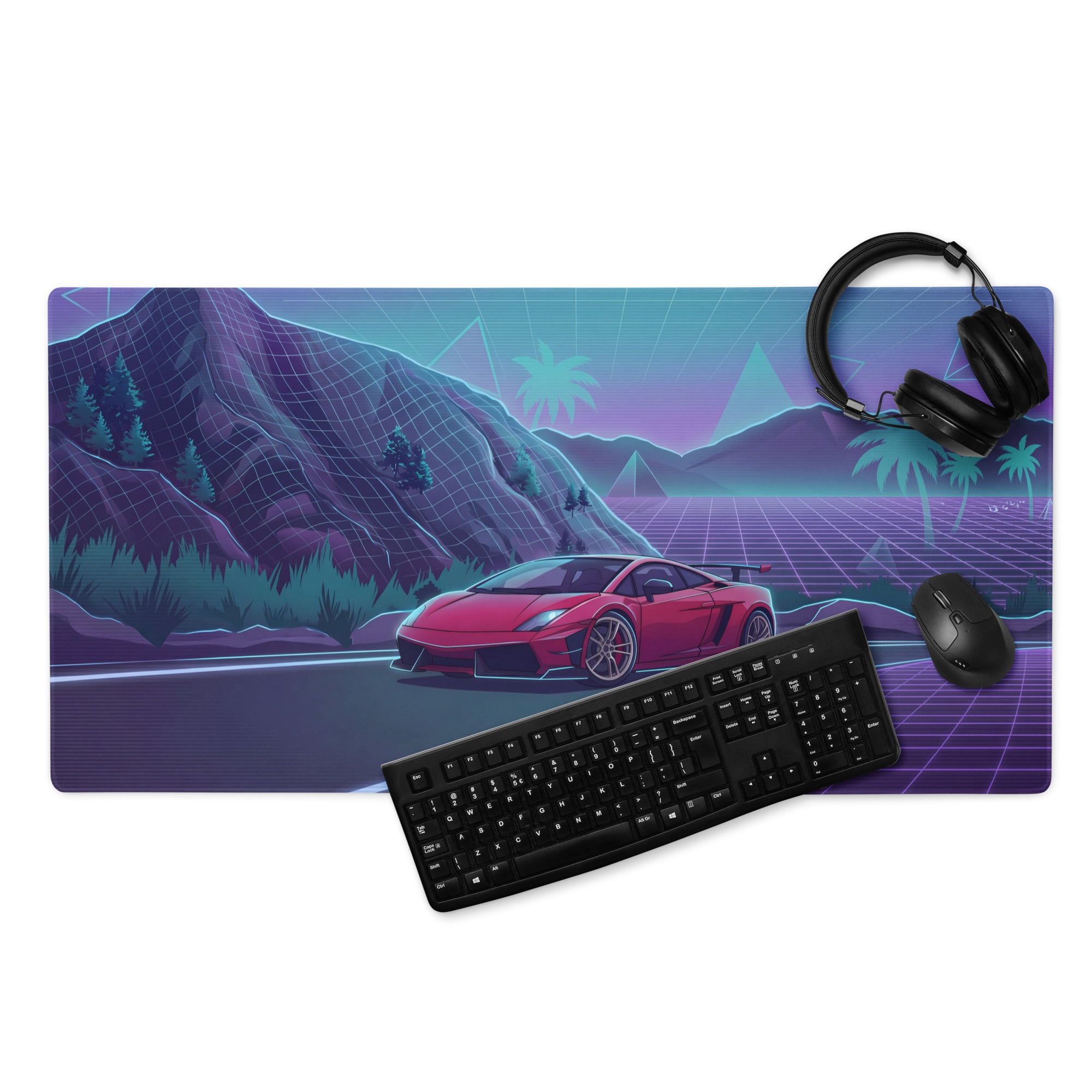 Lamborghini Gallardo Inspired Red Purple Vaporwave Gaming Mouse Pad – Neon Mountain Highway Desk Mat with Retro Futuristic Grid Landscape Artwork