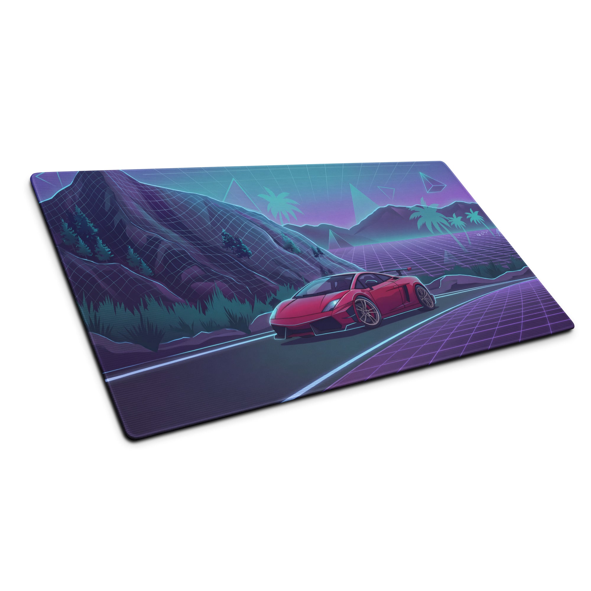 Lamborghini Gallardo Inspired Red Purple Vaporwave Gaming Mouse Pad – Neon Mountain Highway Desk Mat with Retro Futuristic Grid Landscape Artwork