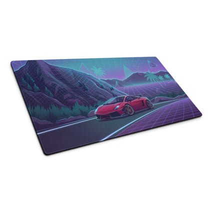 Lamborghini Gallardo Inspired Red Purple Vaporwave Gaming Mouse Pad – Neon Mountain Highway Desk Mat with Retro Futuristic Grid Landscape Artwork