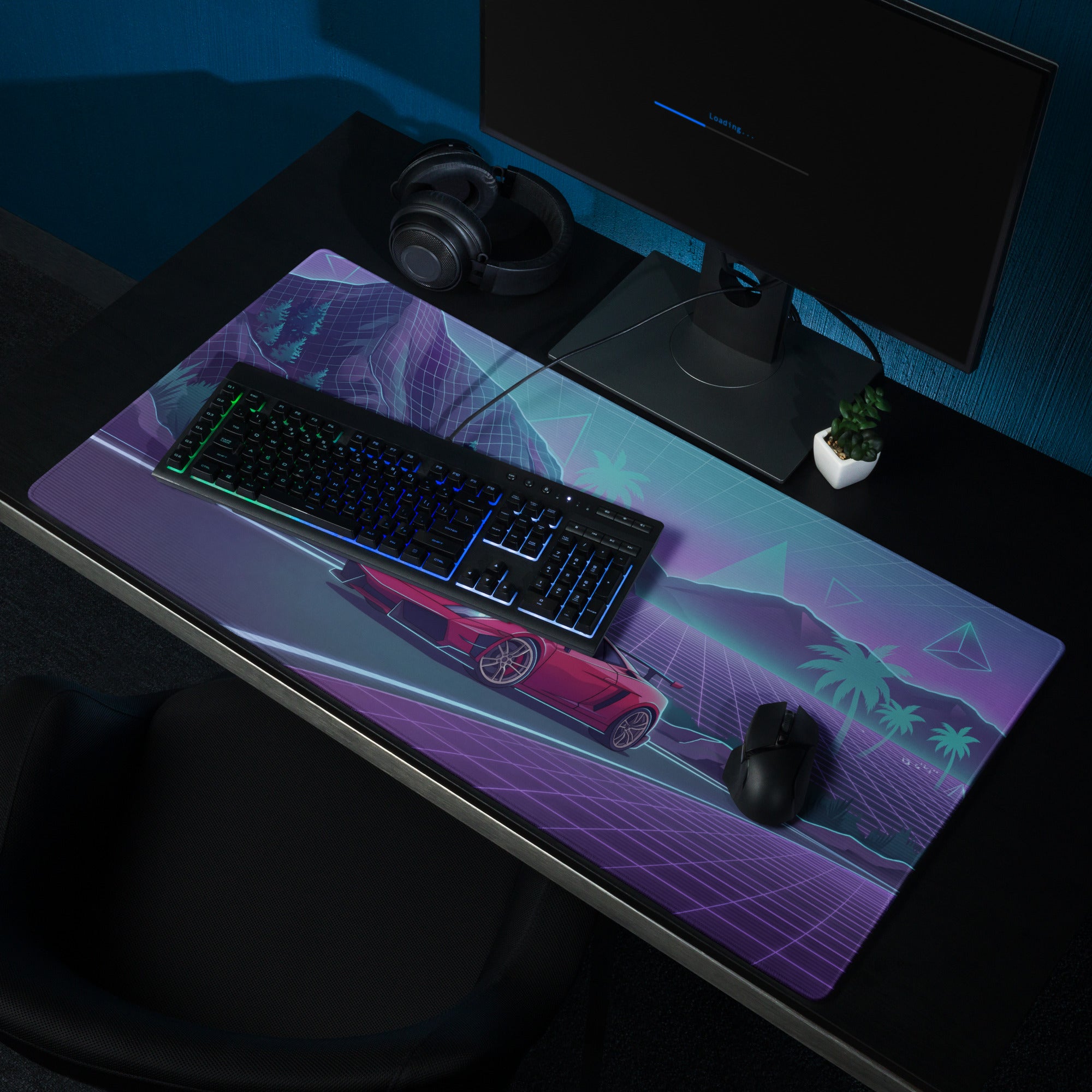 Lamborghini Gallardo Inspired Red Purple Vaporwave Gaming Mouse Pad – Neon Mountain Highway Desk Mat with Retro Futuristic Grid Landscape Artwork