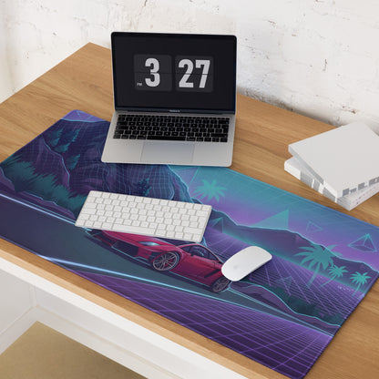 Lamborghini Gallardo Inspired Red Purple Vaporwave Gaming Mouse Pad – Neon Mountain Highway Desk Mat with Retro Futuristic Grid Landscape Artwork
