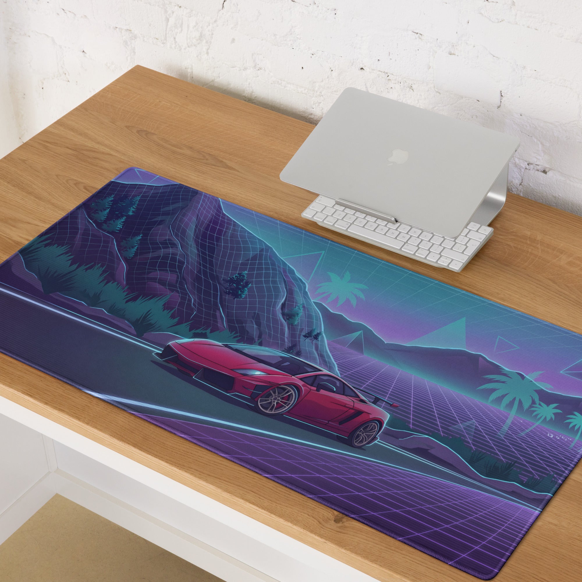 Lamborghini Gallardo Inspired Red Purple Vaporwave Gaming Mouse Pad – Neon Mountain Highway Desk Mat with Retro Futuristic Grid Landscape Artwork