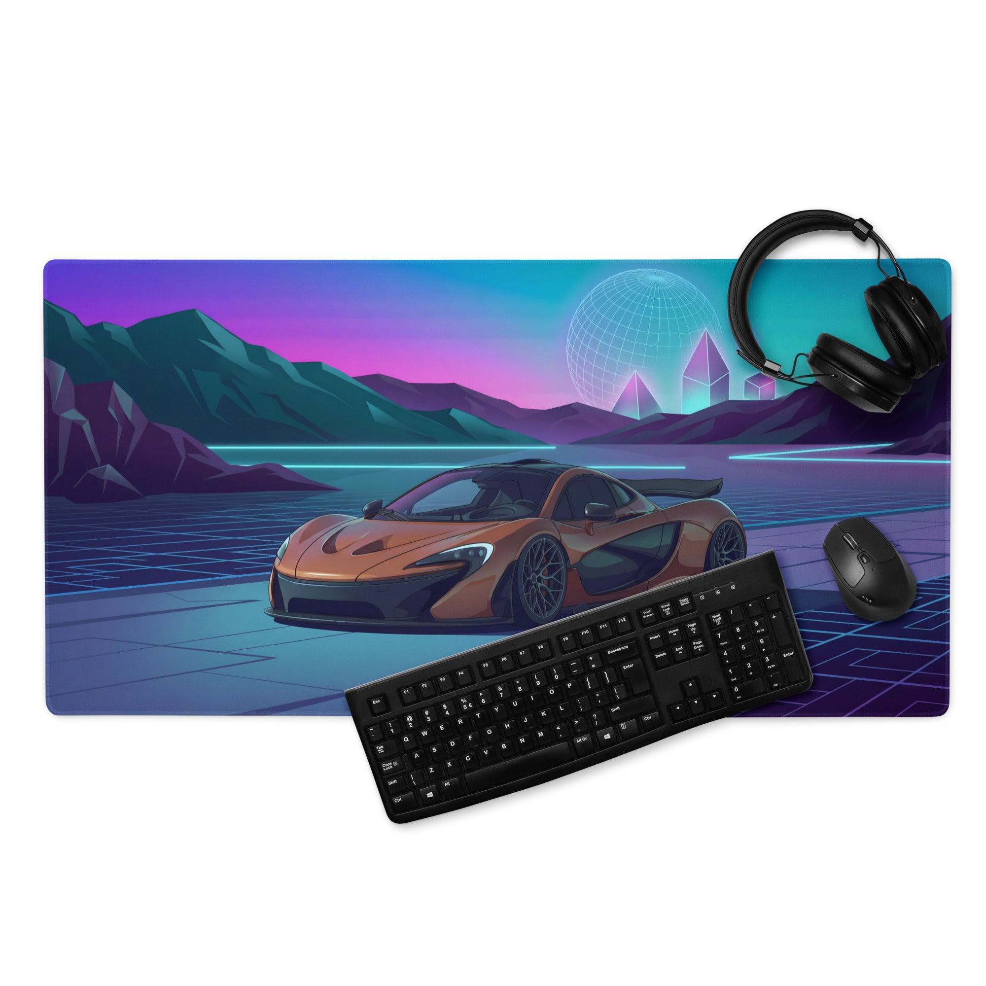 McLaren P1 Inspired Copper Blue Vaporwave Gaming Mouse Pad – Futuristic Neon Mountain Desk Mat, Retro Synthwave Supercar Digital Artwork