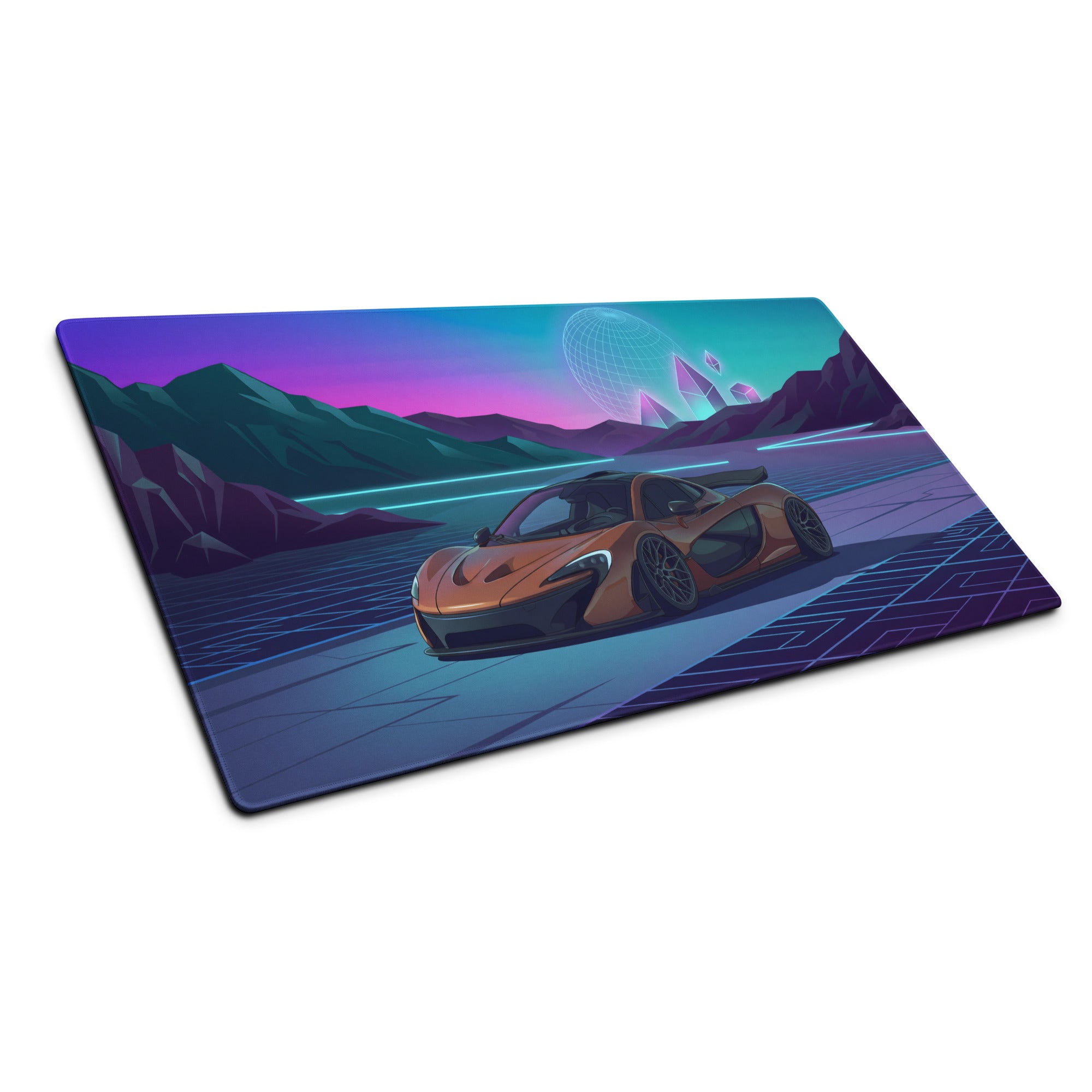 McLaren P1 Inspired Copper Blue Vaporwave Gaming Mouse Pad – Futuristic Neon Mountain Desk Mat, Retro Synthwave Supercar Digital Artwork