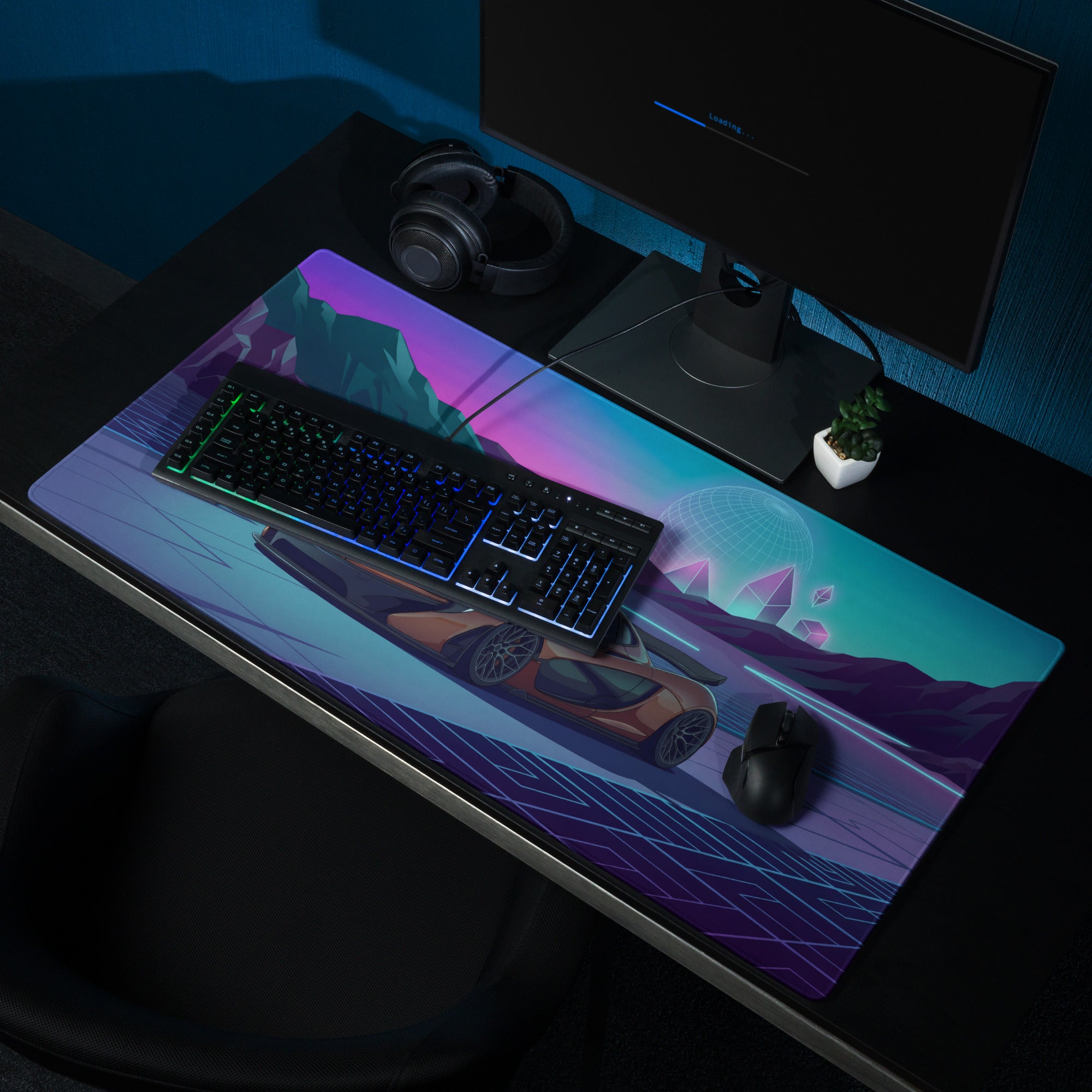 McLaren P1 Inspired Copper Blue Vaporwave Gaming Mouse Pad – Futuristic Neon Mountain Desk Mat, Retro Synthwave Supercar Digital Artwork