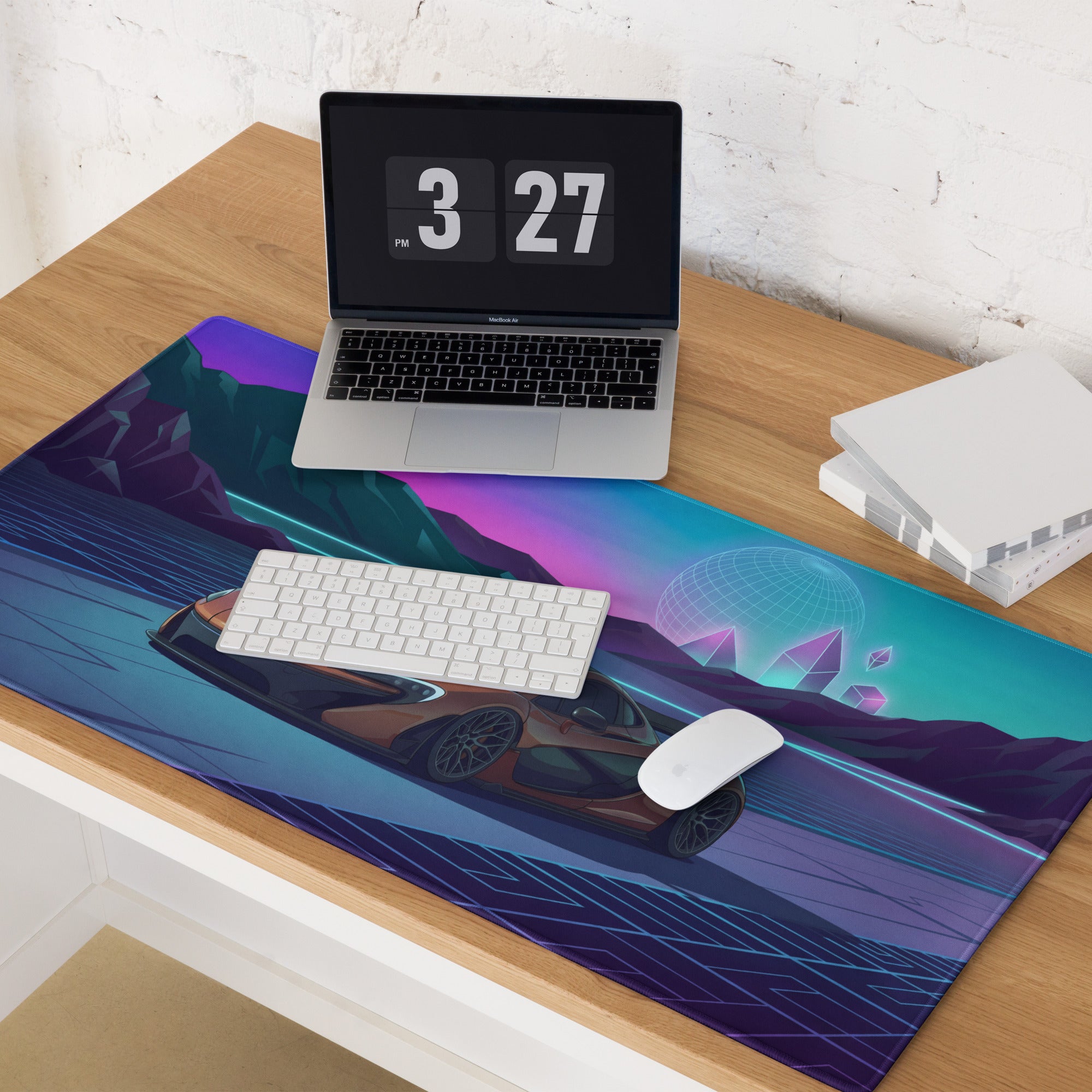 McLaren P1 Inspired Copper Blue Vaporwave Gaming Mouse Pad – Futuristic Neon Mountain Desk Mat, Retro Synthwave Supercar Digital Artwork