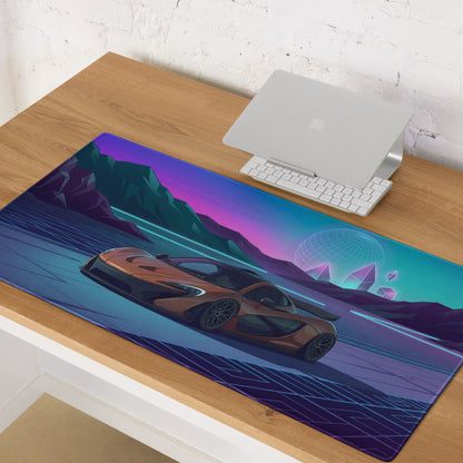 McLaren P1 Inspired Copper Blue Vaporwave Gaming Mouse Pad – Futuristic Neon Mountain Desk Mat, Retro Synthwave Supercar Digital Artwork