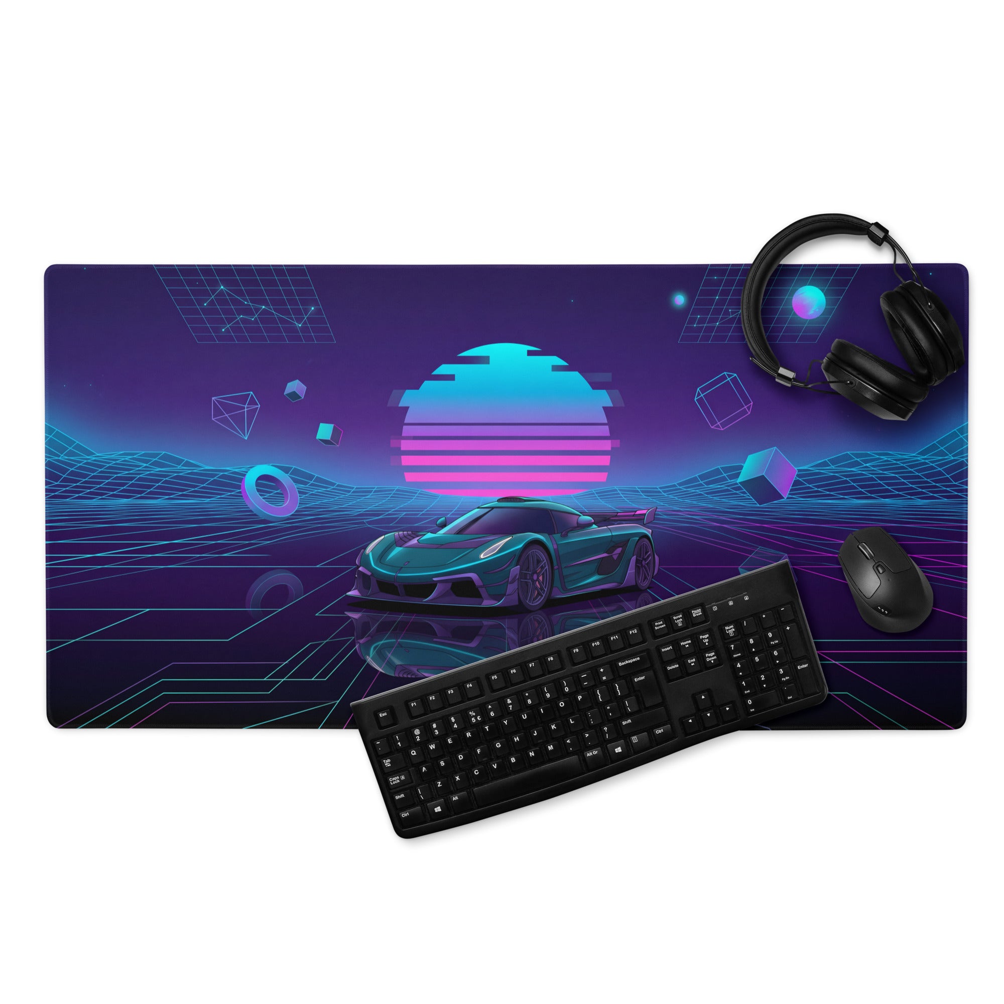 Koenigsegg Jesko Inspired Teal Purple Vaporwave Gaming Mouse Pad – Neon Grid Desk Mat, Retro Futuristic Supercar Digital Art, Cyberpunk Decor