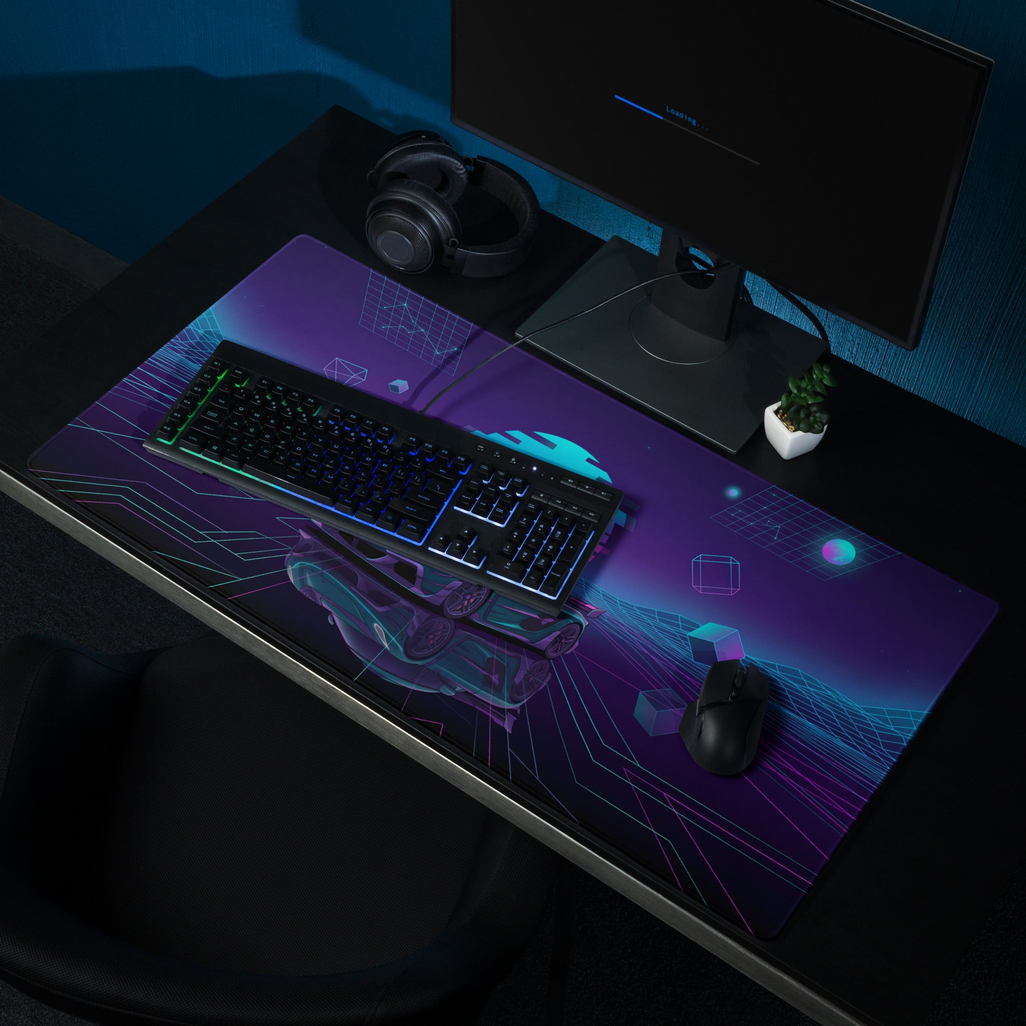 Koenigsegg Jesko Inspired Teal Purple Vaporwave Gaming Mouse Pad – Neon Grid Desk Mat, Retro Futuristic Supercar Digital Art, Cyberpunk Decor
