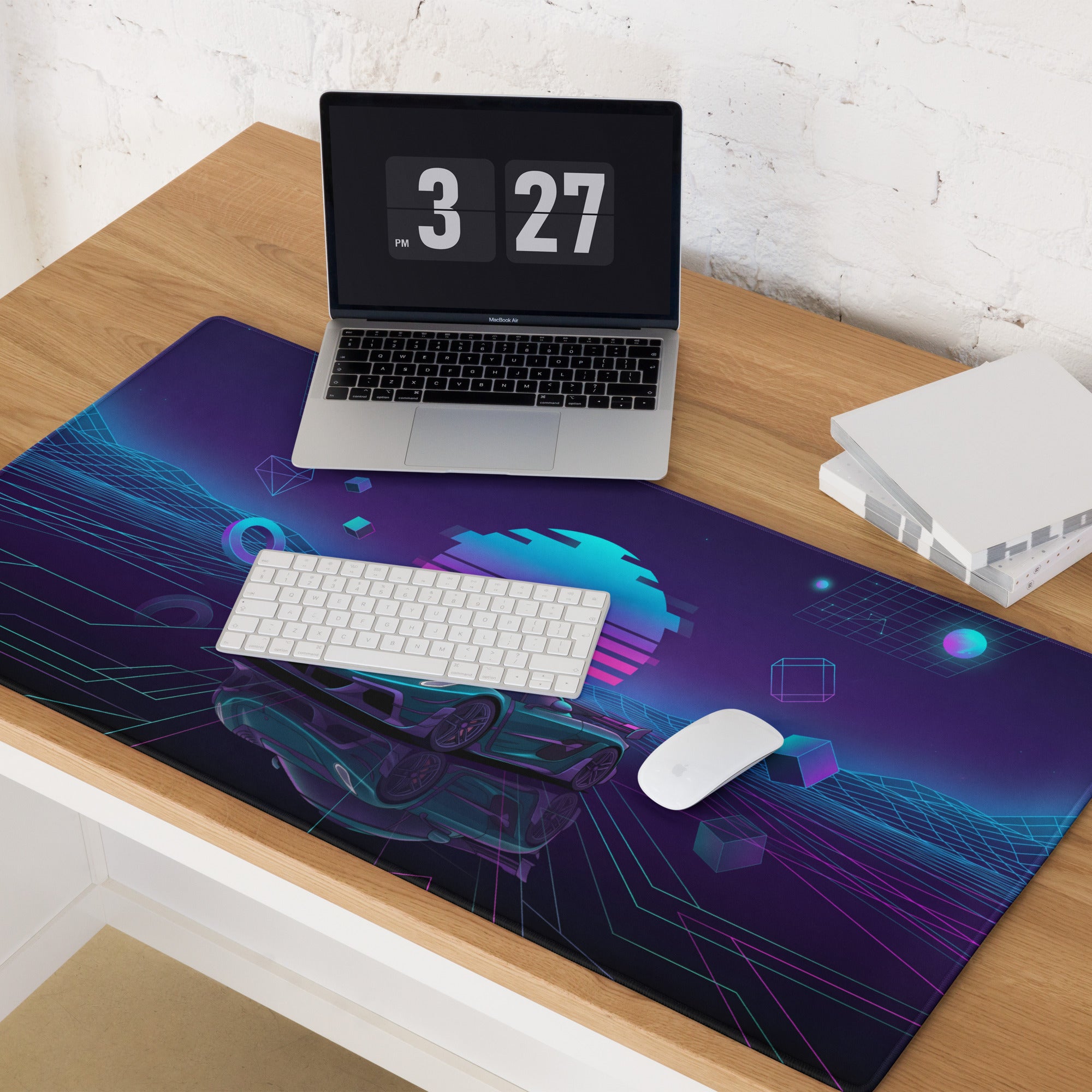 Koenigsegg Jesko Inspired Teal Purple Vaporwave Gaming Mouse Pad – Neon Grid Desk Mat, Retro Futuristic Supercar Digital Art, Cyberpunk Decor