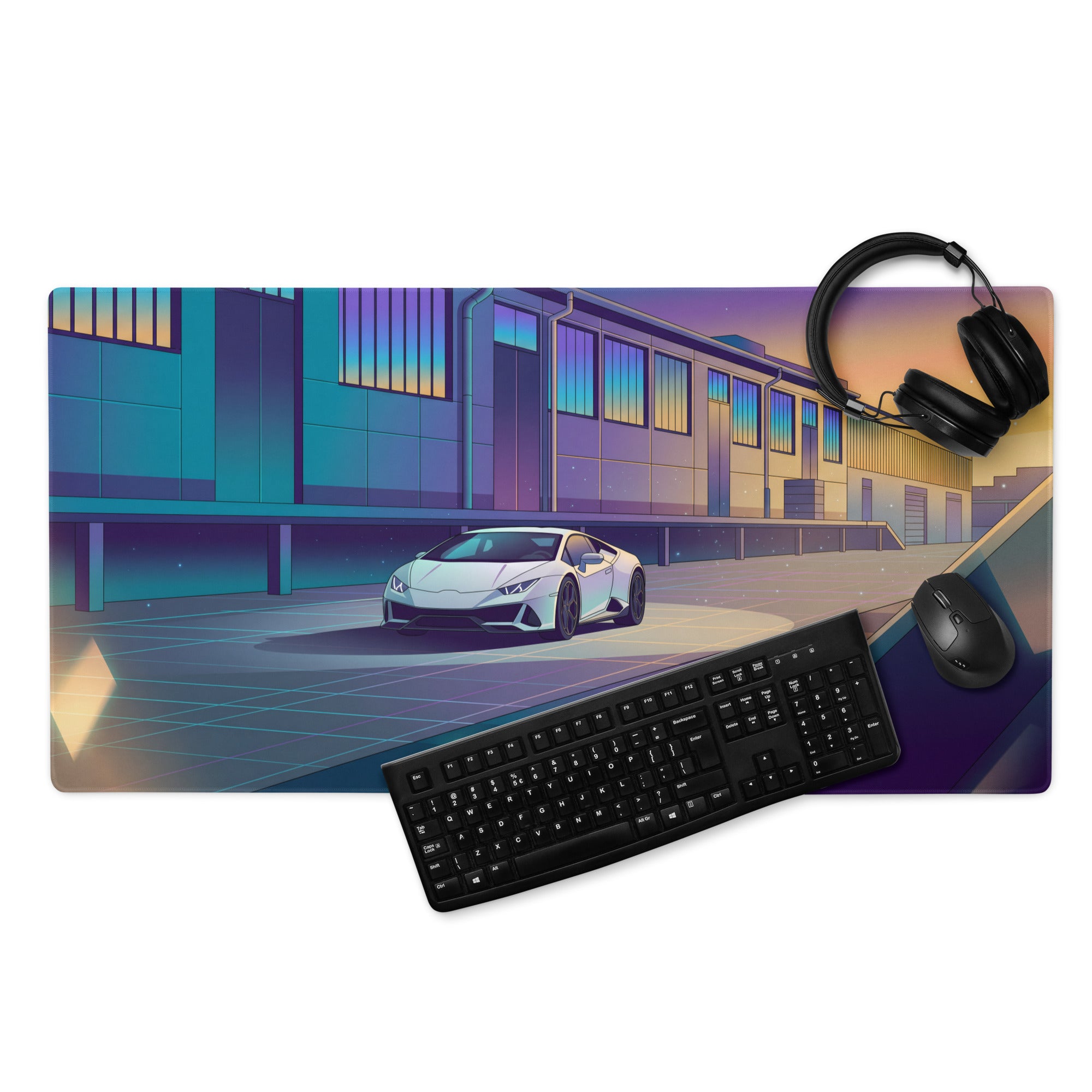 Lamborghini Huracán EVO Inspired White Blue Vaporwave Gaming Mouse Pad – Sunset Industrial Garage Desk Mat, Retro Futuristic Supercar Digital Art