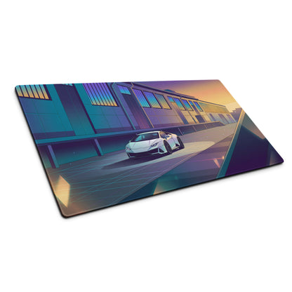Lamborghini Huracán EVO Inspired White Blue Vaporwave Gaming Mouse Pad – Sunset Industrial Garage Desk Mat, Retro Futuristic Supercar Digital Art