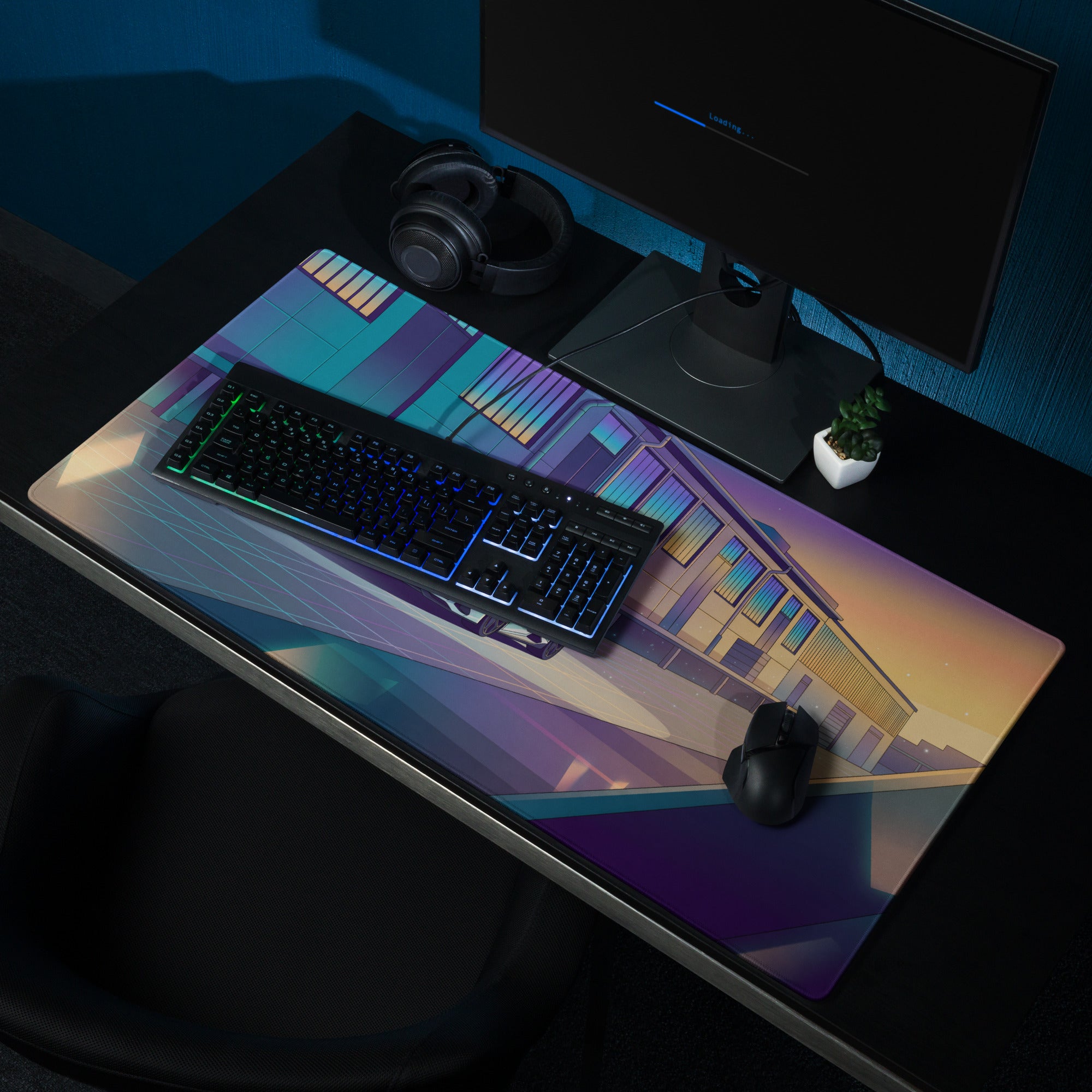 Lamborghini Huracán EVO Inspired White Blue Vaporwave Gaming Mouse Pad – Sunset Industrial Garage Desk Mat, Retro Futuristic Supercar Digital Art