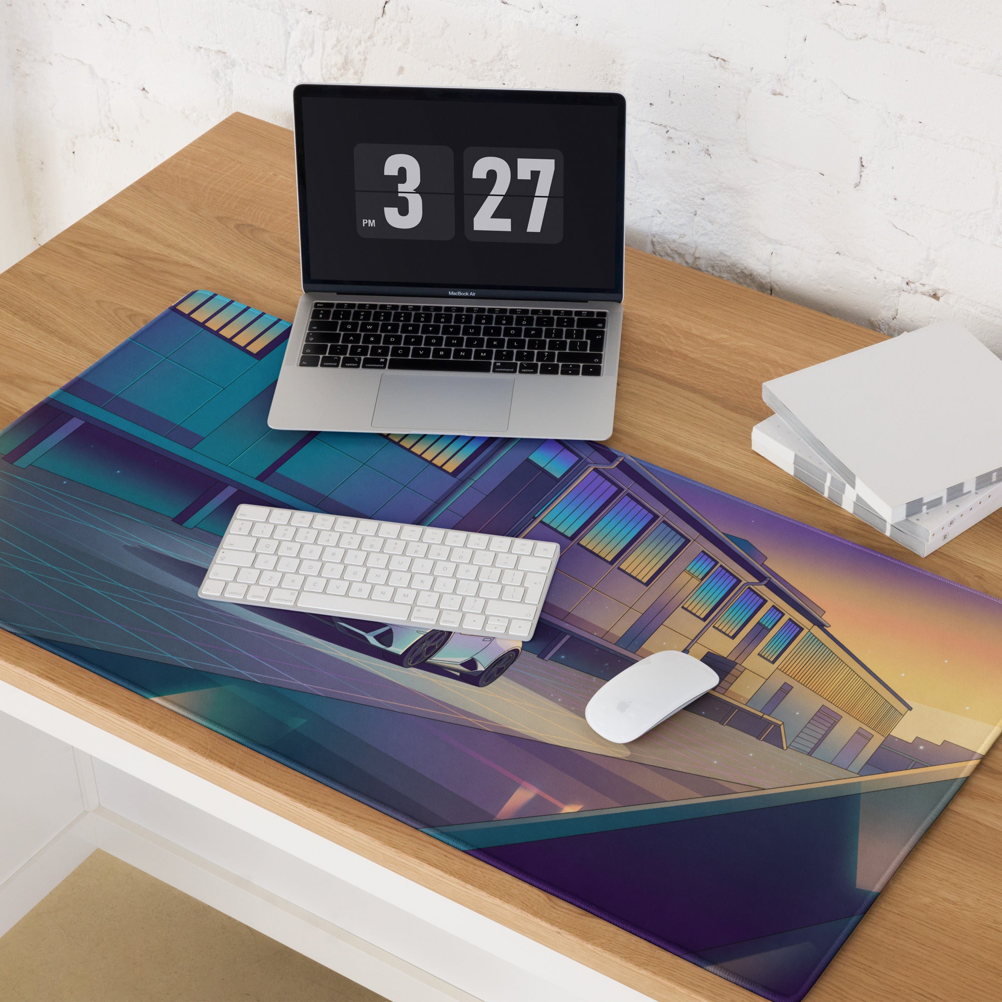 Lamborghini Huracán EVO Inspired White Blue Vaporwave Gaming Mouse Pad – Sunset Industrial Garage Desk Mat, Retro Futuristic Supercar Digital Art