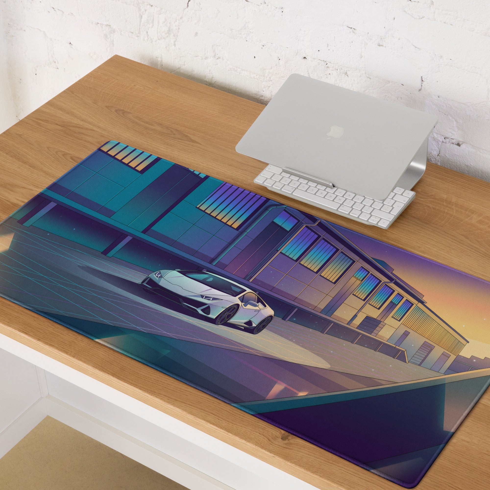 Lamborghini Huracán EVO Inspired White Blue Vaporwave Gaming Mouse Pad – Sunset Industrial Garage Desk Mat, Retro Futuristic Supercar Digital Art