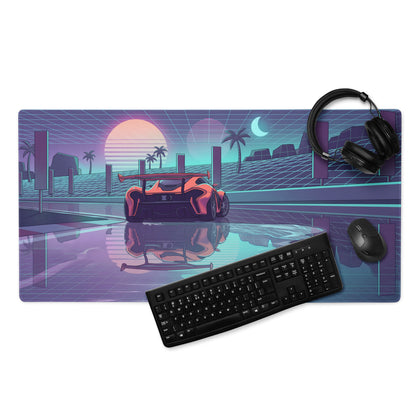 McLaren Senna Inspired Orange Purple Vaporwave Gaming Mouse Pad – Neon Grid Sunset Desk Mat, Retro Futuristic Supercar Digital Art, Synthwave Decor