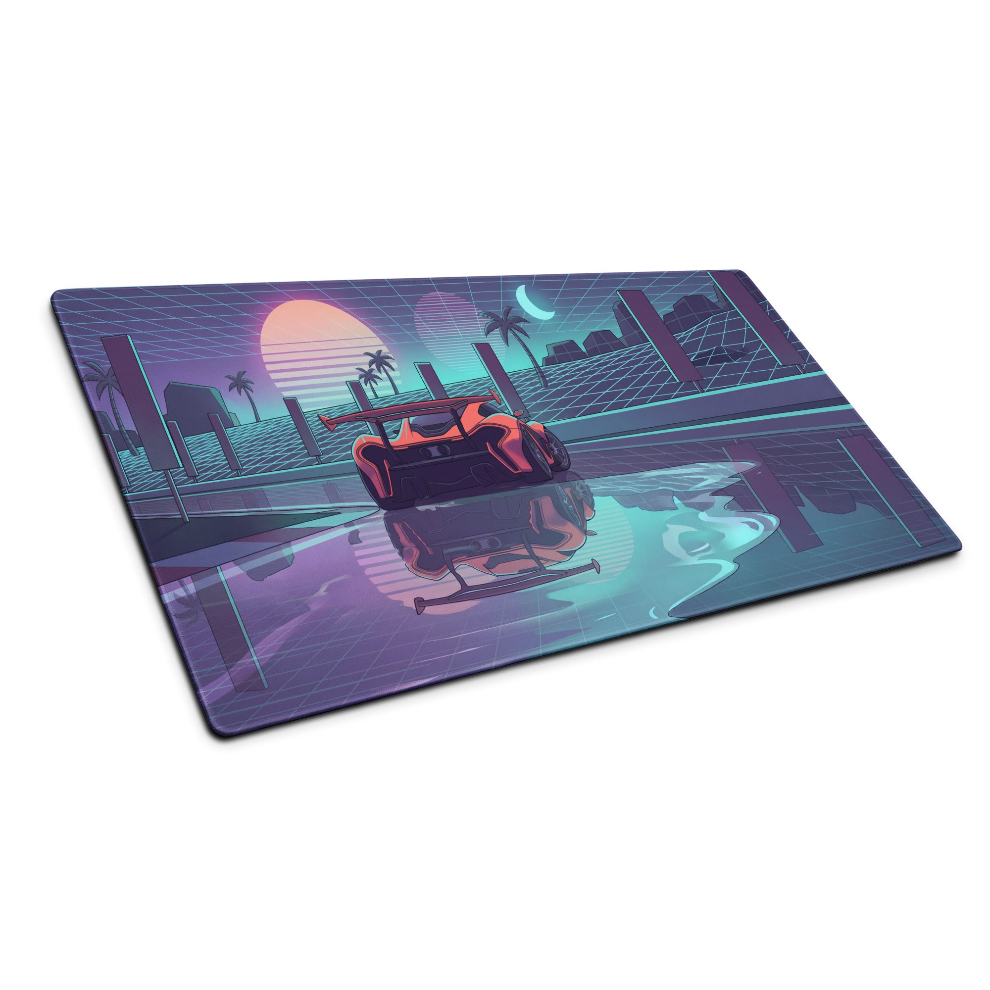 McLaren Senna Inspired Orange Purple Vaporwave Gaming Mouse Pad – Neon Grid Sunset Desk Mat, Retro Futuristic Supercar Digital Art, Synthwave Decor