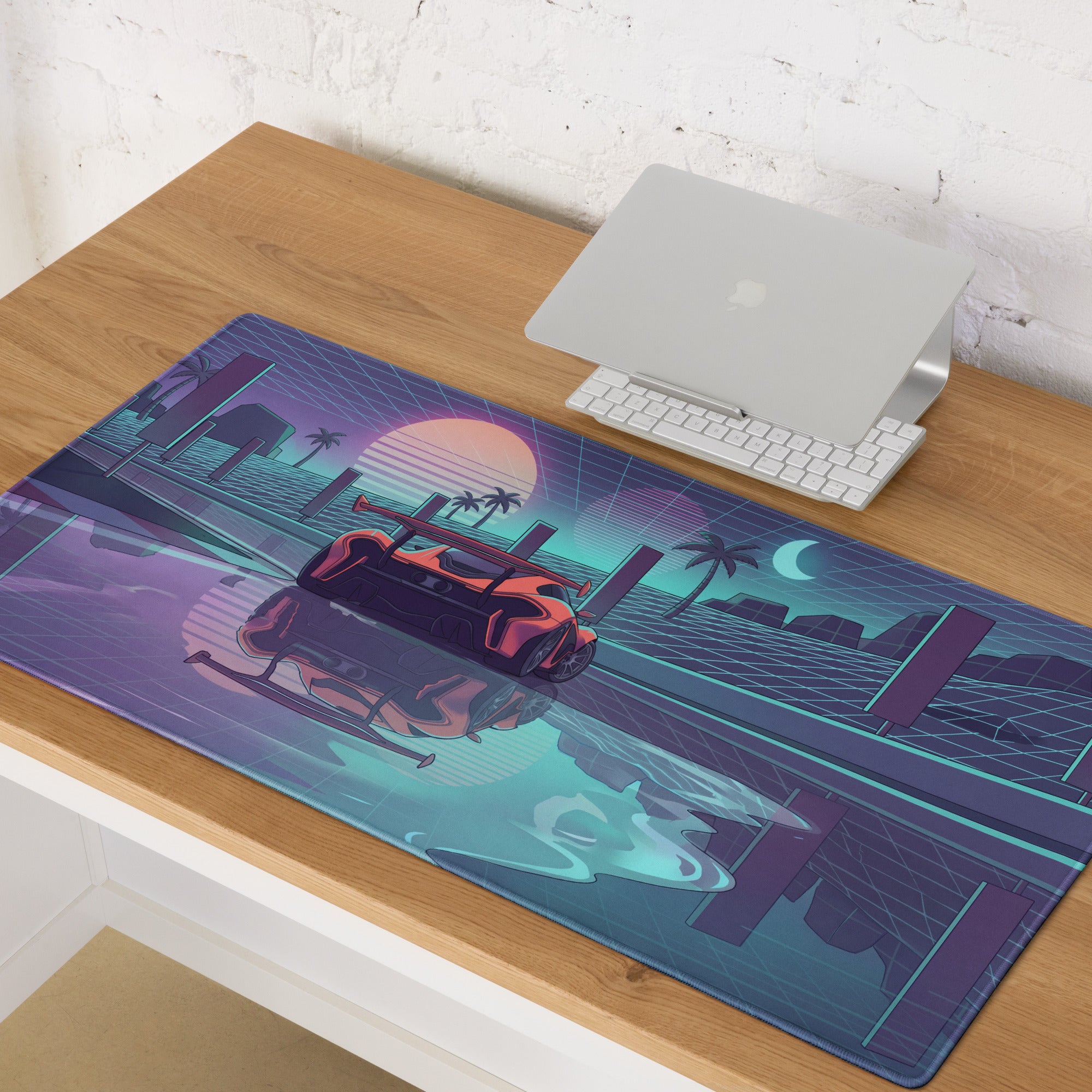 McLaren Senna Inspired Orange Purple Vaporwave Gaming Mouse Pad – Neon Grid Sunset Desk Mat, Retro Futuristic Supercar Digital Art, Synthwave Decor