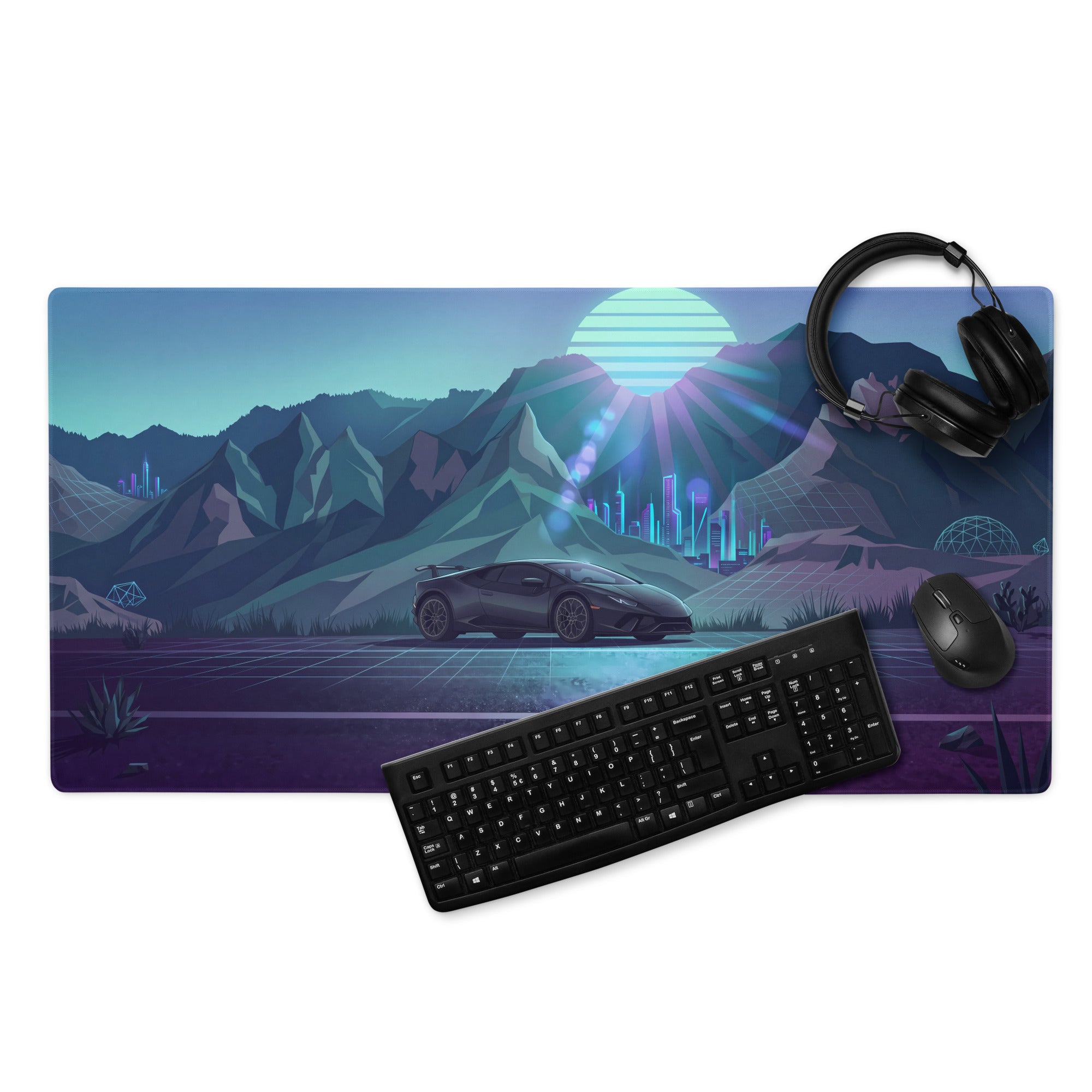 Lamborghini Huracán STO Inspired Black Blue Vaporwave Gaming Mouse Pad – Neon Mountain City Desk Mat, Retro Futuristic Supercar Digital Artwork