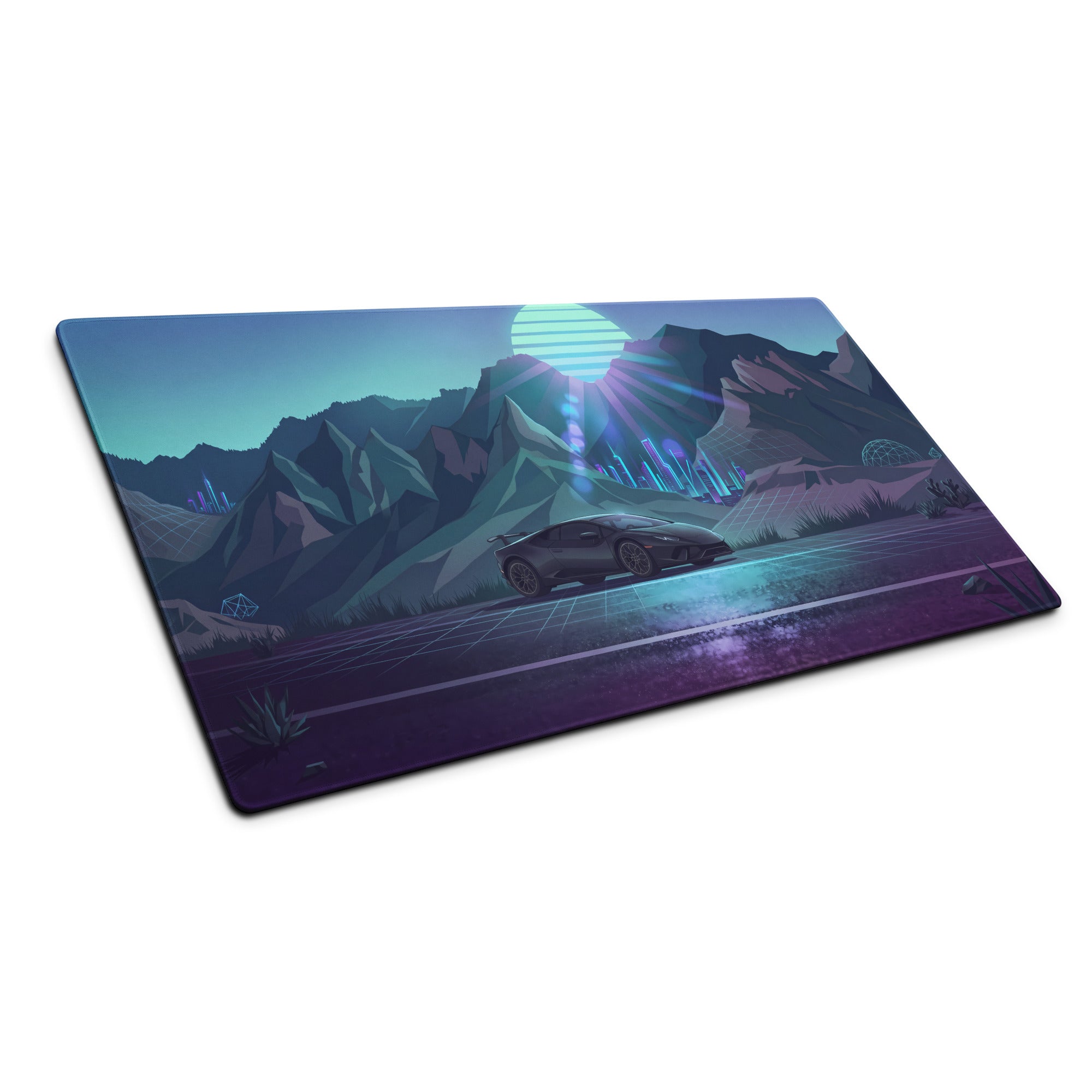 Lamborghini Huracán STO Inspired Black Blue Vaporwave Gaming Mouse Pad – Neon Mountain City Desk Mat, Retro Futuristic Supercar Digital Artwork