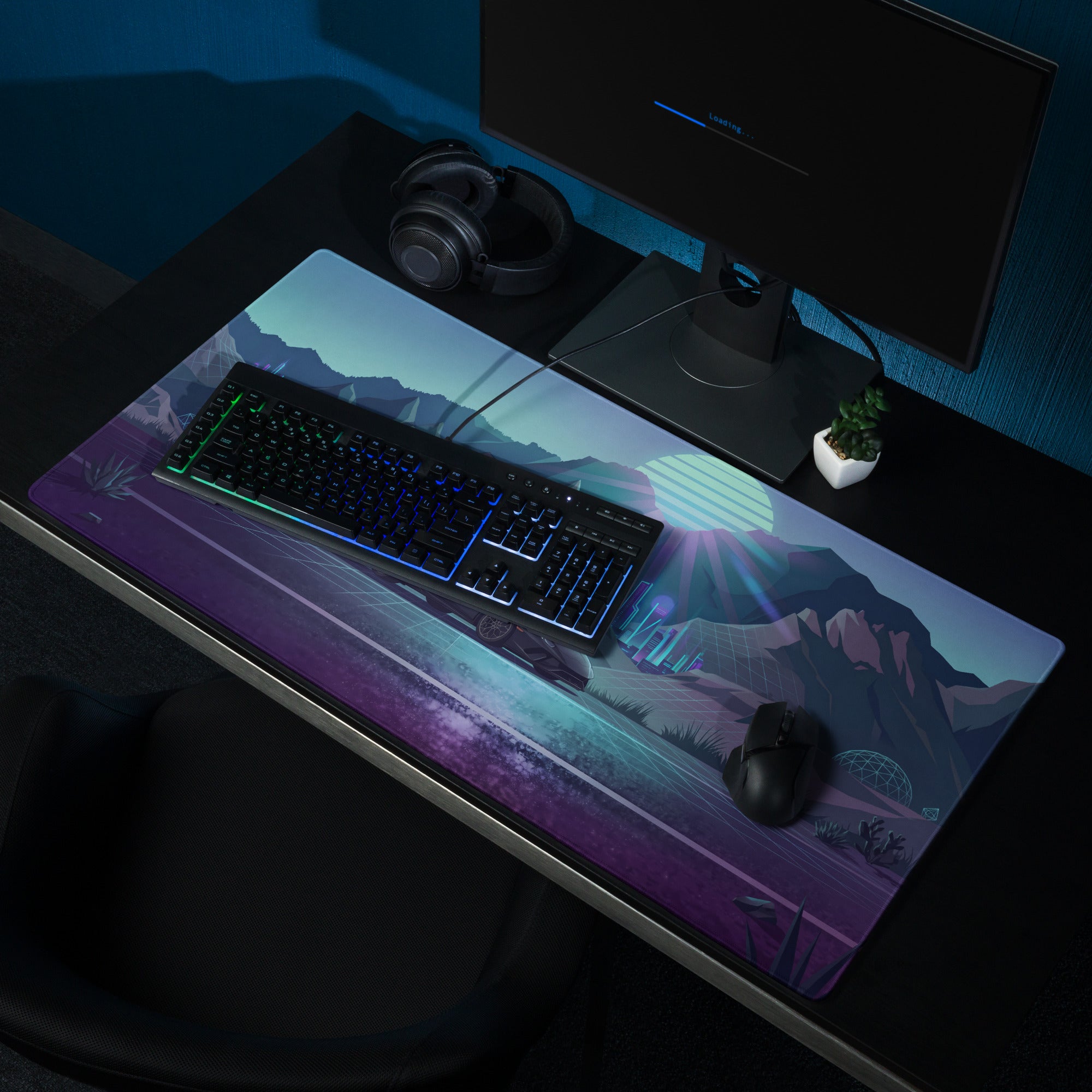Lamborghini Huracán STO Inspired Black Blue Vaporwave Gaming Mouse Pad – Neon Mountain City Desk Mat, Retro Futuristic Supercar Digital Artwork