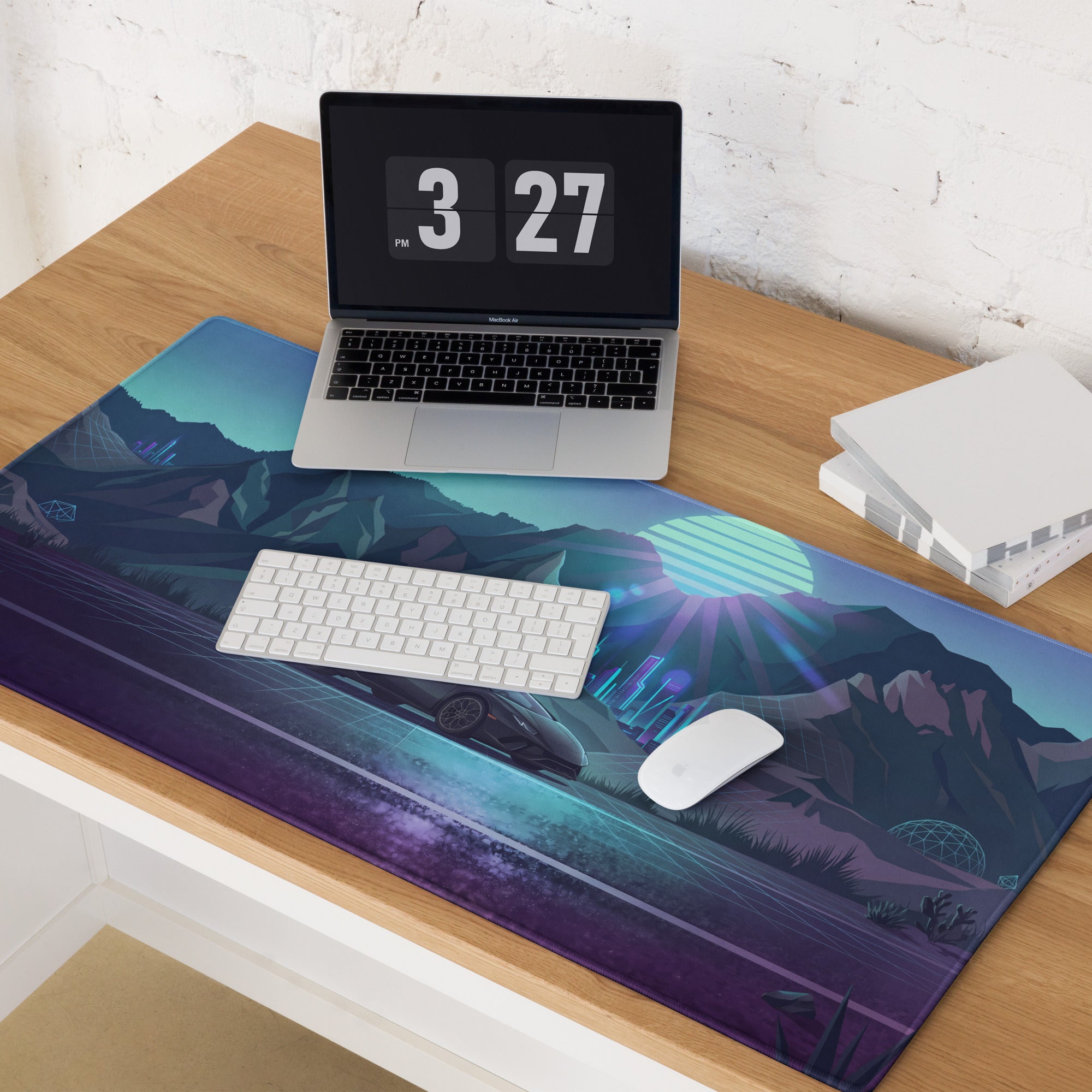 Lamborghini Huracán STO Inspired Black Blue Vaporwave Gaming Mouse Pad – Neon Mountain City Desk Mat, Retro Futuristic Supercar Digital Artwork