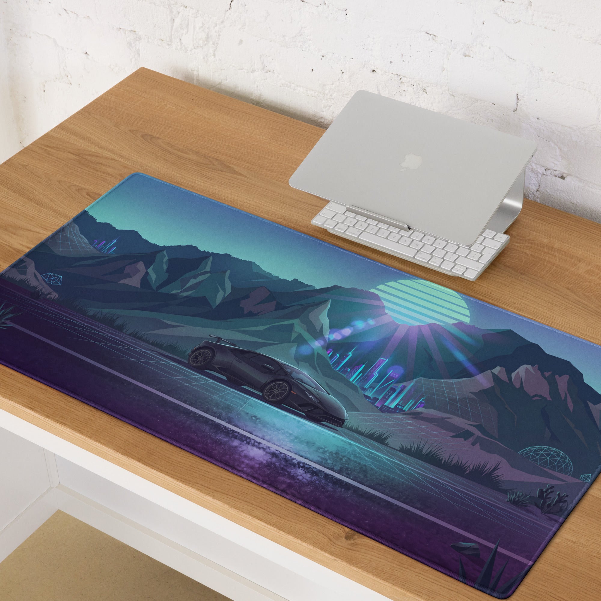 Lamborghini Huracán STO Inspired Black Blue Vaporwave Gaming Mouse Pad – Neon Mountain City Desk Mat, Retro Futuristic Supercar Digital Artwork