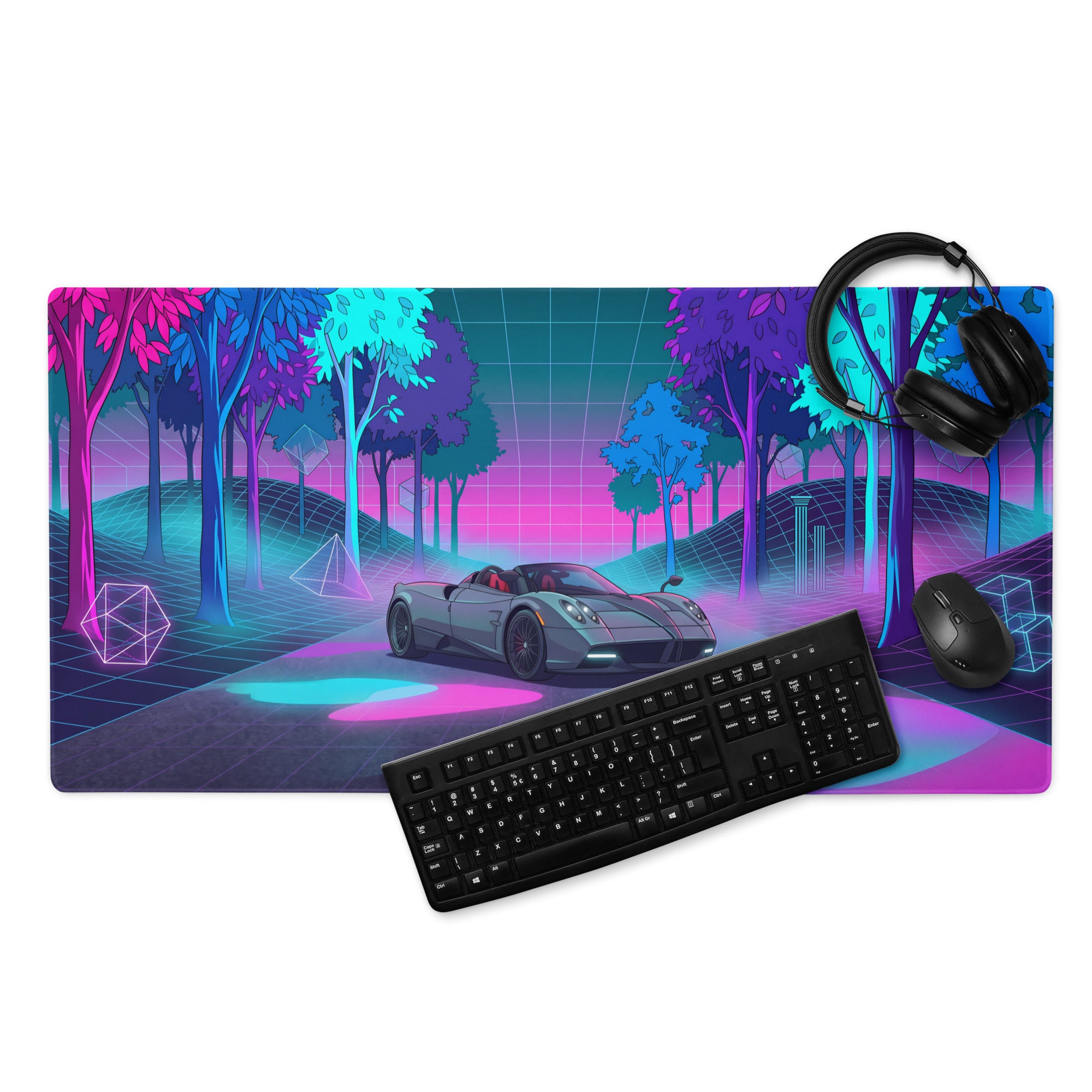 Pagani Huayra Roadster Inspired Silver Pink Vaporwave Gaming Mouse Pad – Neon Forest Grid Desk Mat, Retro Futuristic Hypercar Digital Art